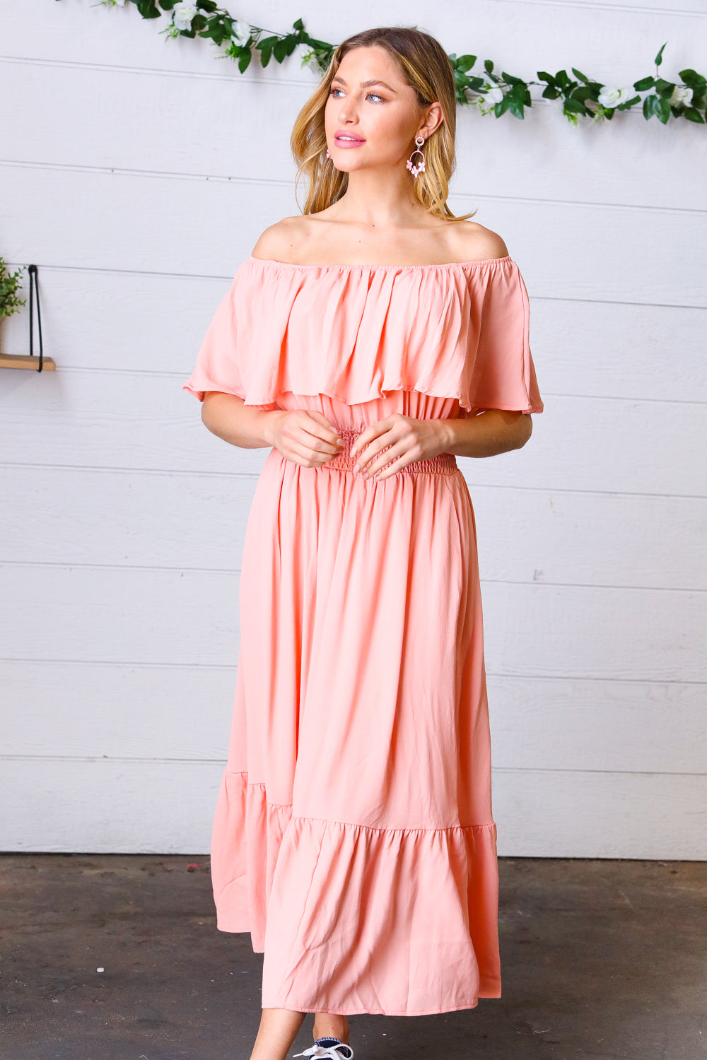 Coral Off-Shoulder Smocked Waist Ruffle Sleeve Midi Dress for Women - Summer Beach Party, Wedding Guest, Date Night Outfit