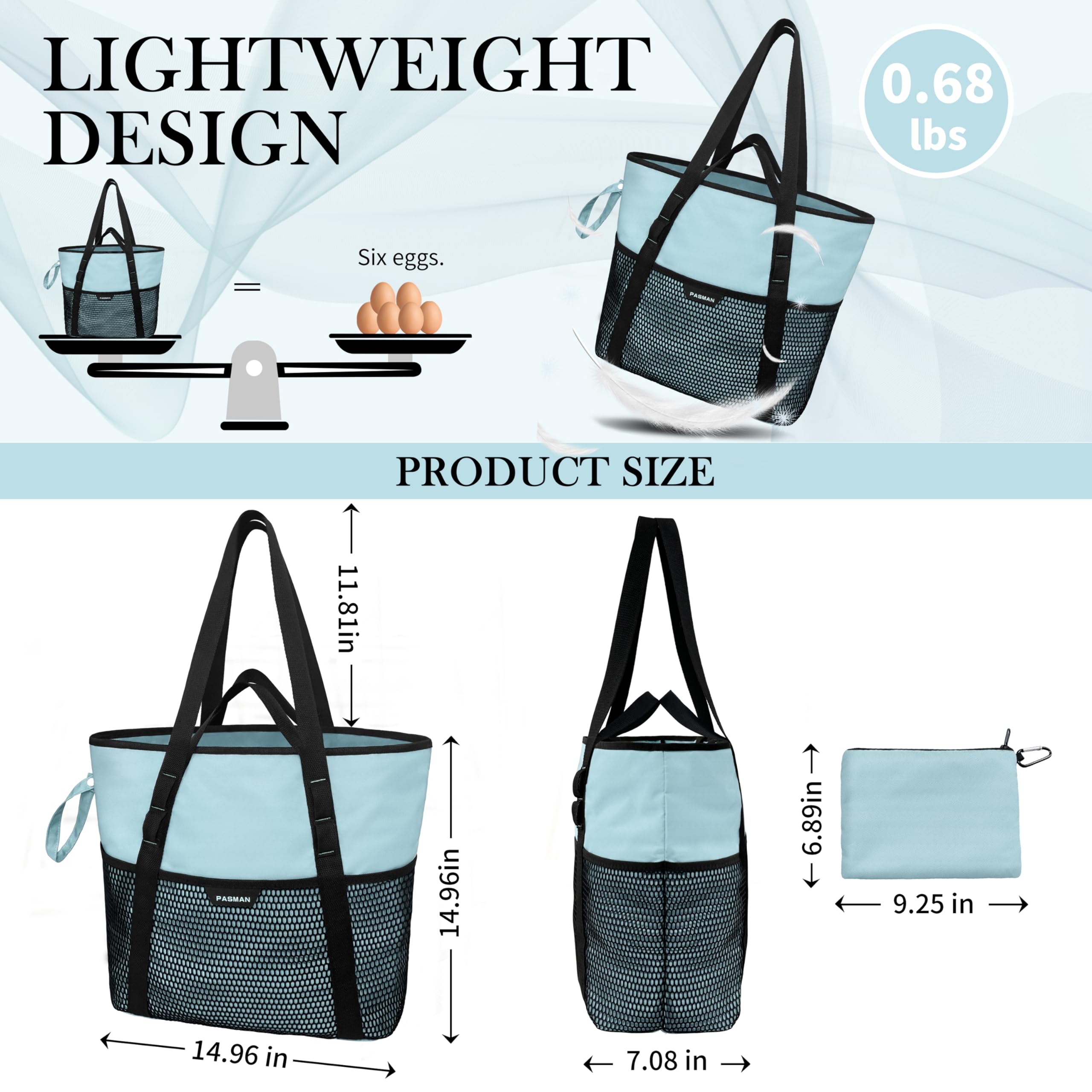 Waterproof Beach Bag with Zipper - 8 Pockets Sandproof Foldable Lightweight Tote for Women, Large Family Swim Bag for Vacation, Pool, Travel & Outdoor Activities