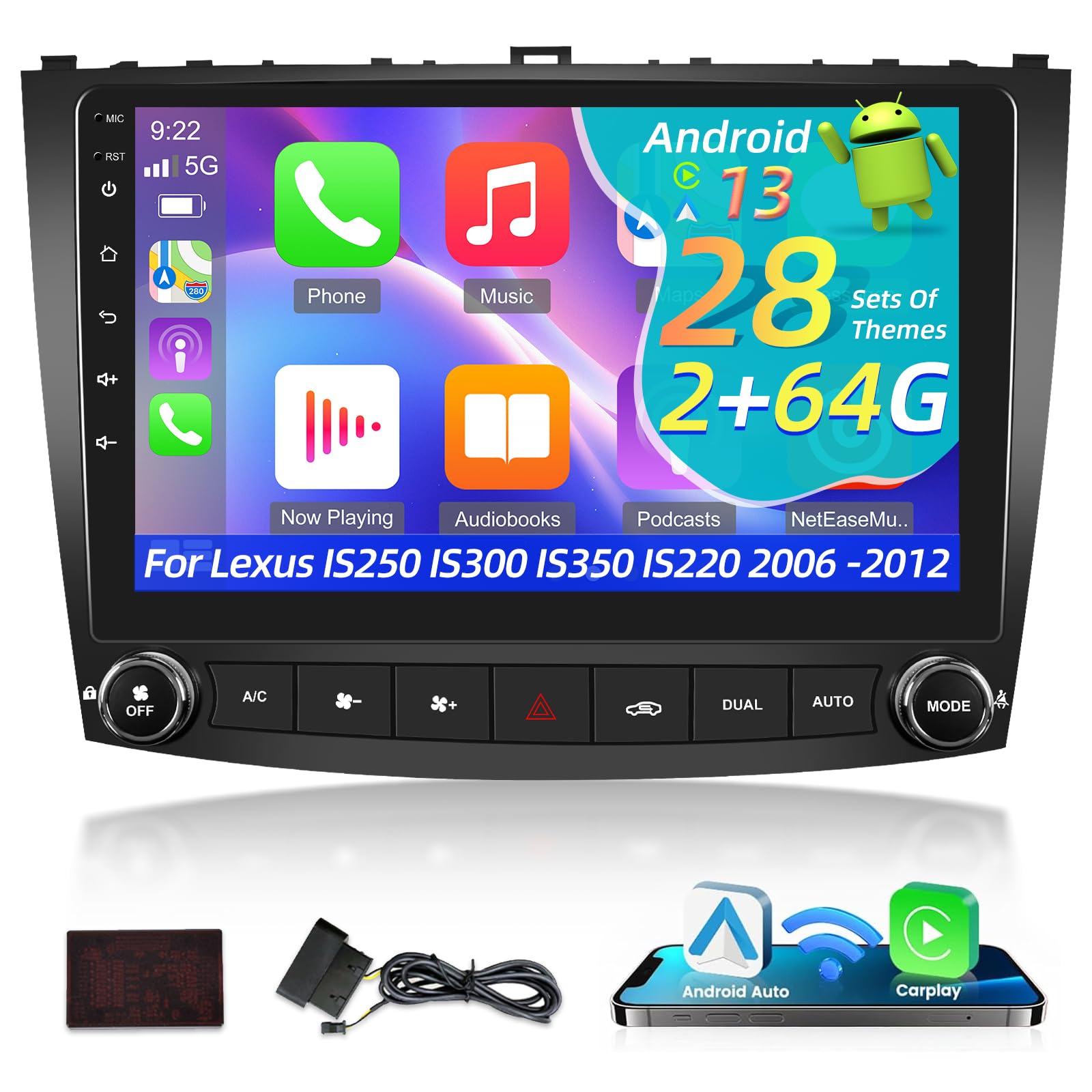 10.1 Inch Android 13 Car Stereo with Wireless CarPlay & Android Auto - Compatible with Lexus IS250 IS300 IS350 IS220 2006-2012 Models - WiFi, GPS, Mirror Link, AHD Backup Camera & Canbus - Perfect for Hands-Free Navigation & Entertainment While Driving
