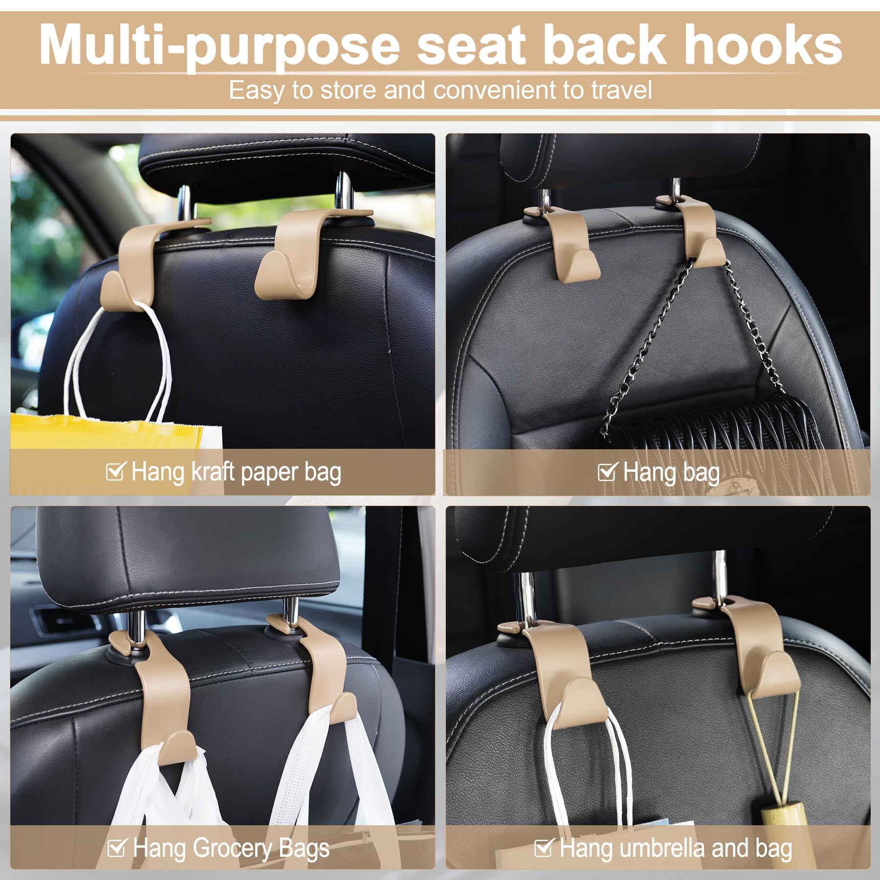 LivTee 4-Pack Car Seat Headrest Hooks - Durable Auto Seat Hook Organizers for Purse, Coat, Umbrella & Grocery Bag Storage - Perfect for Road Trips, Shopping & Daily Commute