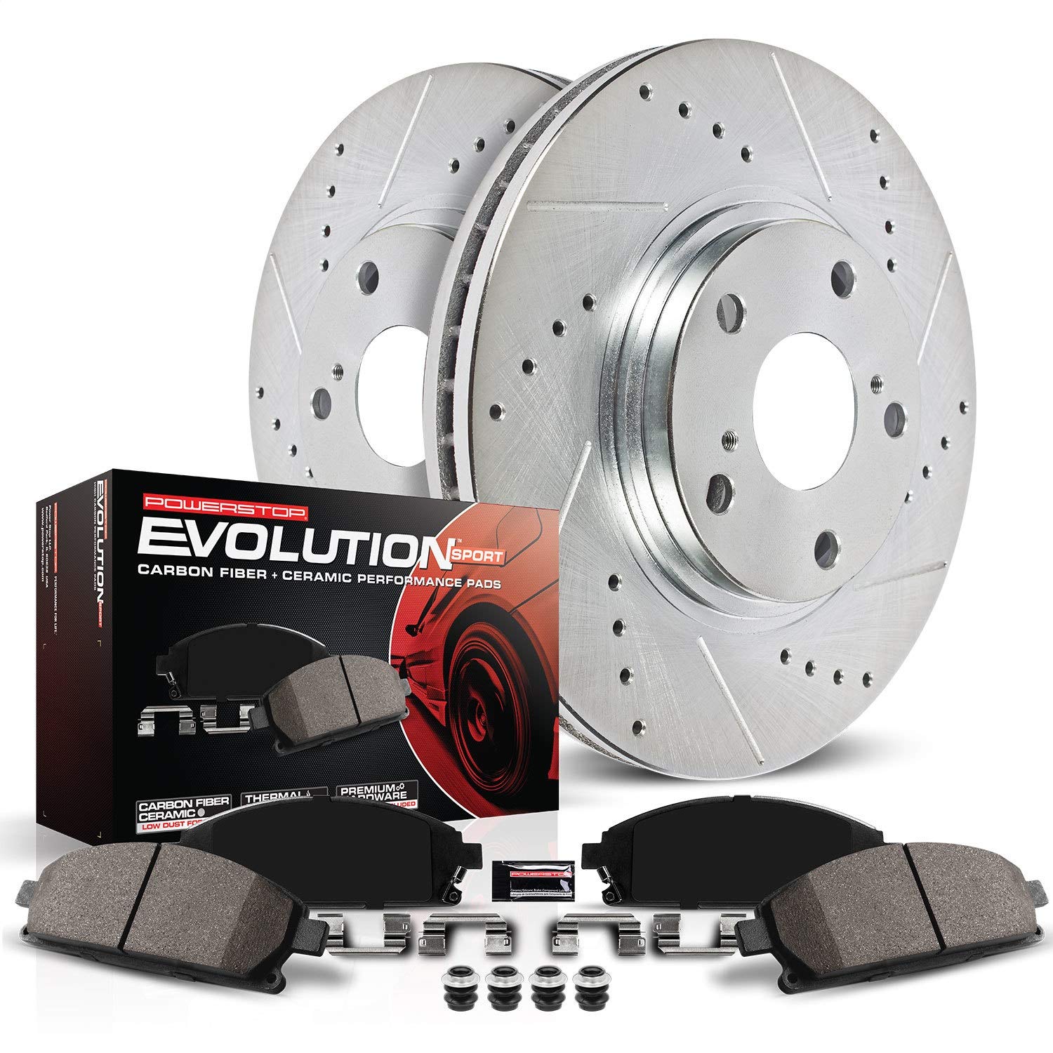 Power Stop K6779 Z23 Carbon Fiber Brake Pads & Drilled Slotted Rotors Kit - High Performance Front Brake System for Cars, Trucks & SUVs | Perfect for Racing, Towing & Daily Driving