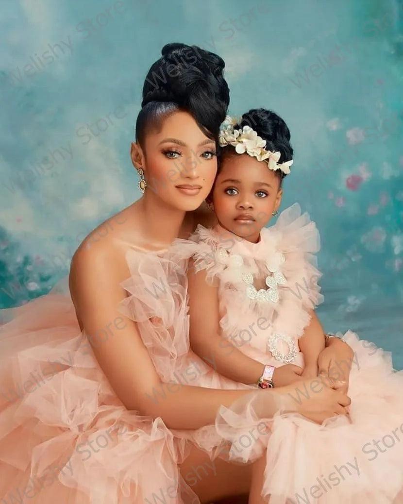 Puffy Hi-Low Tulle Dresses for Mother and Daughter - Matching Outfits for Family Photoshoots, Birthday Parties & Special Occasions