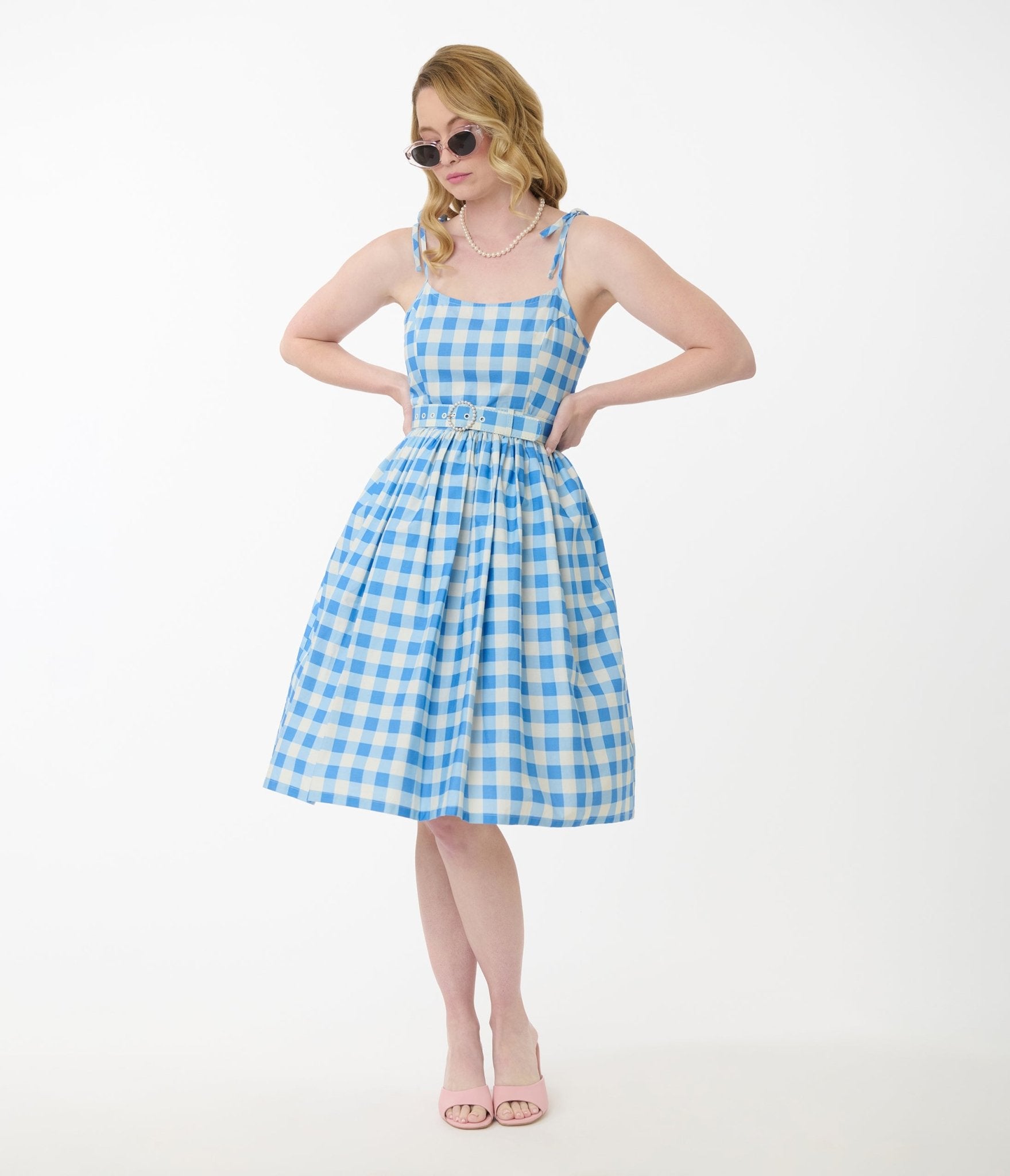 Vintage Blue & White Gingham Bobbie Swing Dress - Retro 1950s Style Flared Skirt Dress for Women | Perfect for Tea Parties, Date Nights & Summer Outfits