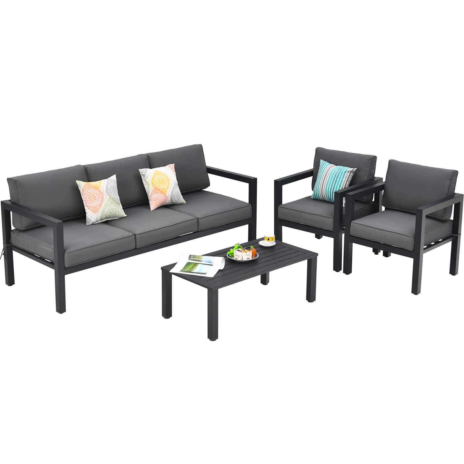 Tangkula 4-Piece Outdoor Patio Furniture Set - Aluminum Garden Conversation Set with Padded Cushions, Includes 3-Seat Sofa, Coffee Table & 2 Chairs - Perfect for Backyard, Poolside, Deck or Terrace (Grey)