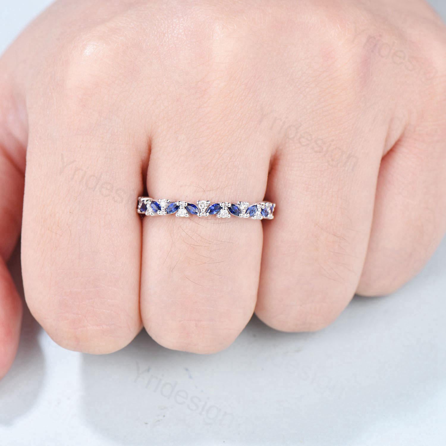 14K Rose Gold Marquise Cut Sapphire Eternity Wedding Band for Women - Stackable Promise Ring, Anniversary Gift for Her - Perfect for Bridal Sets, Engagements & Special Occasions