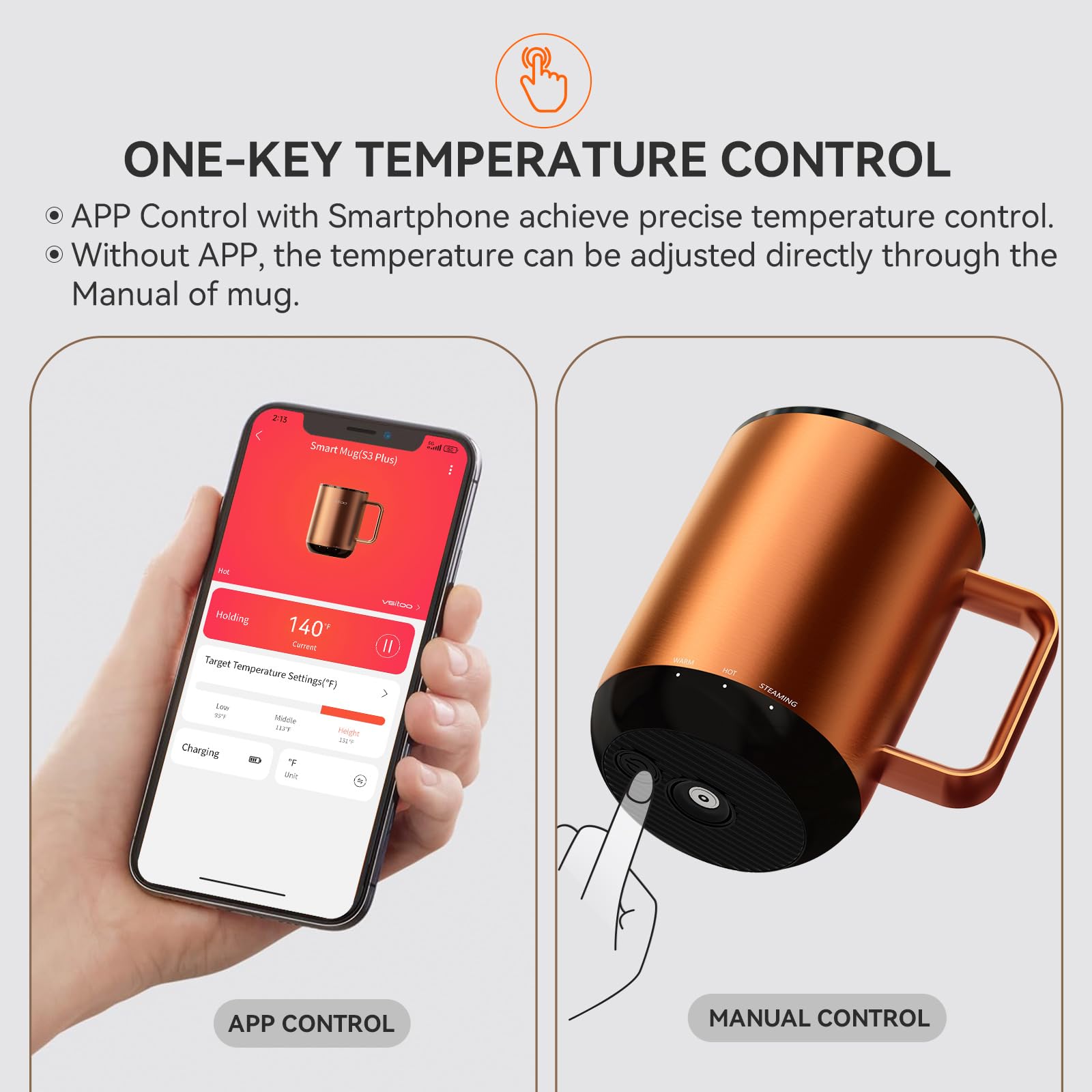VSITOO Smart Self-Heating Coffee Mug with Temperature Control - 3 Heat Settings, App & Manual Control, 180 Min Battery Life, Fast Wireless Charging (140℉, Copper, 14oz) - Perfect for Office, Travel & Home Use