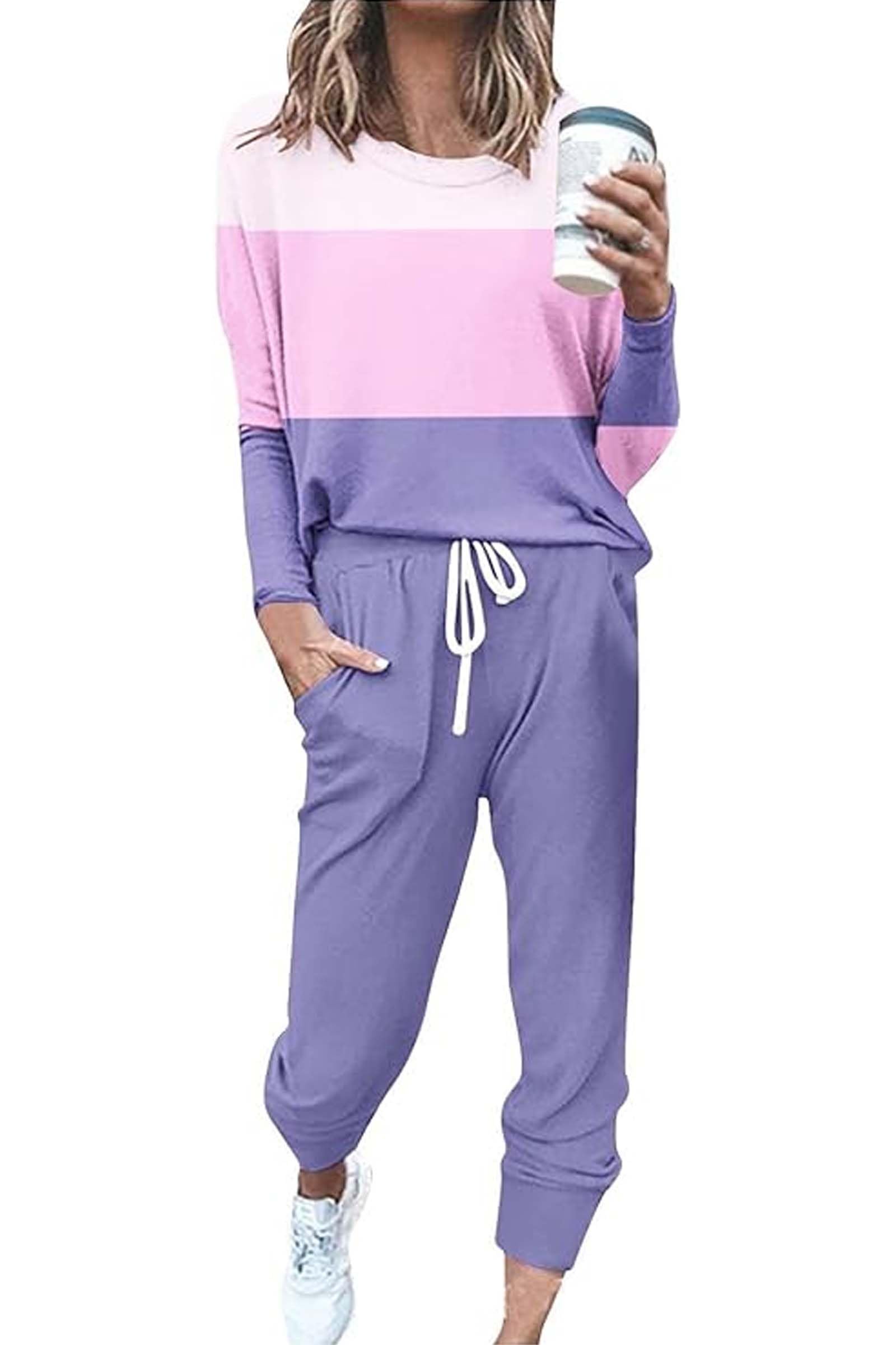 Women's 2024 Fall Color Block Sweatsuit Set - 2 Piece Crewneck Pullover & Sweatpants Tracksuit | Casual Outfit for Lounge, Workout & Streetwear Fashion