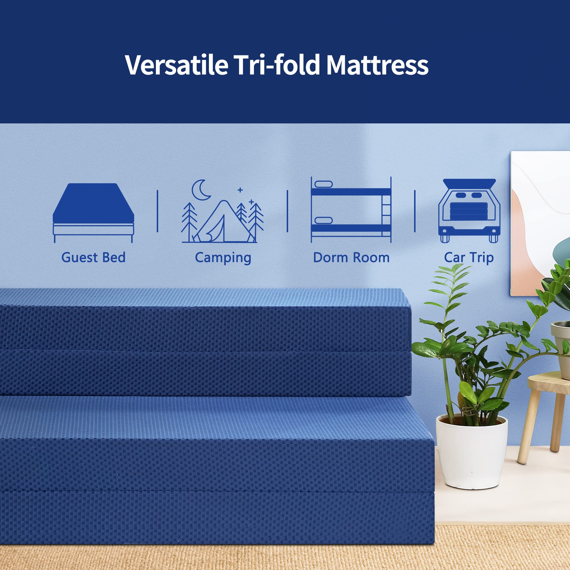 Olee Sleep 4 Inch Tri-Folding Memory Foam Mattress Topper with Gel Infusion - CertiPUR-US Certified, Washable Cover, Twin XL Size - Perfect for Camping, Guest Beds & Temporary Sleeping Solutions (Soft, Blue)