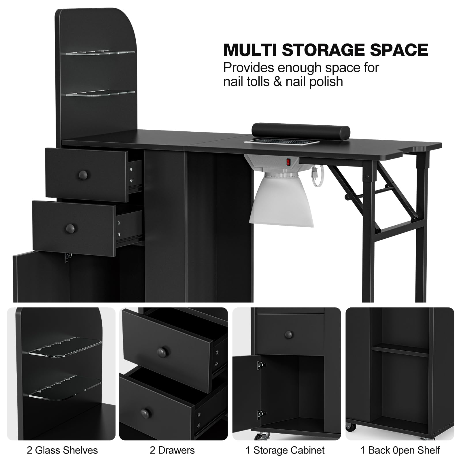 Foldable Nail Table for Nail Technicians - Portable Manicure Station with Dust Collector, 2 Open Shelves & 2 Drawers, Adjustable Wrist Cushion & Lockable Wheels (Black) - Perfect for Home Salons, Mobile Nail Services & Professional Nail Studios