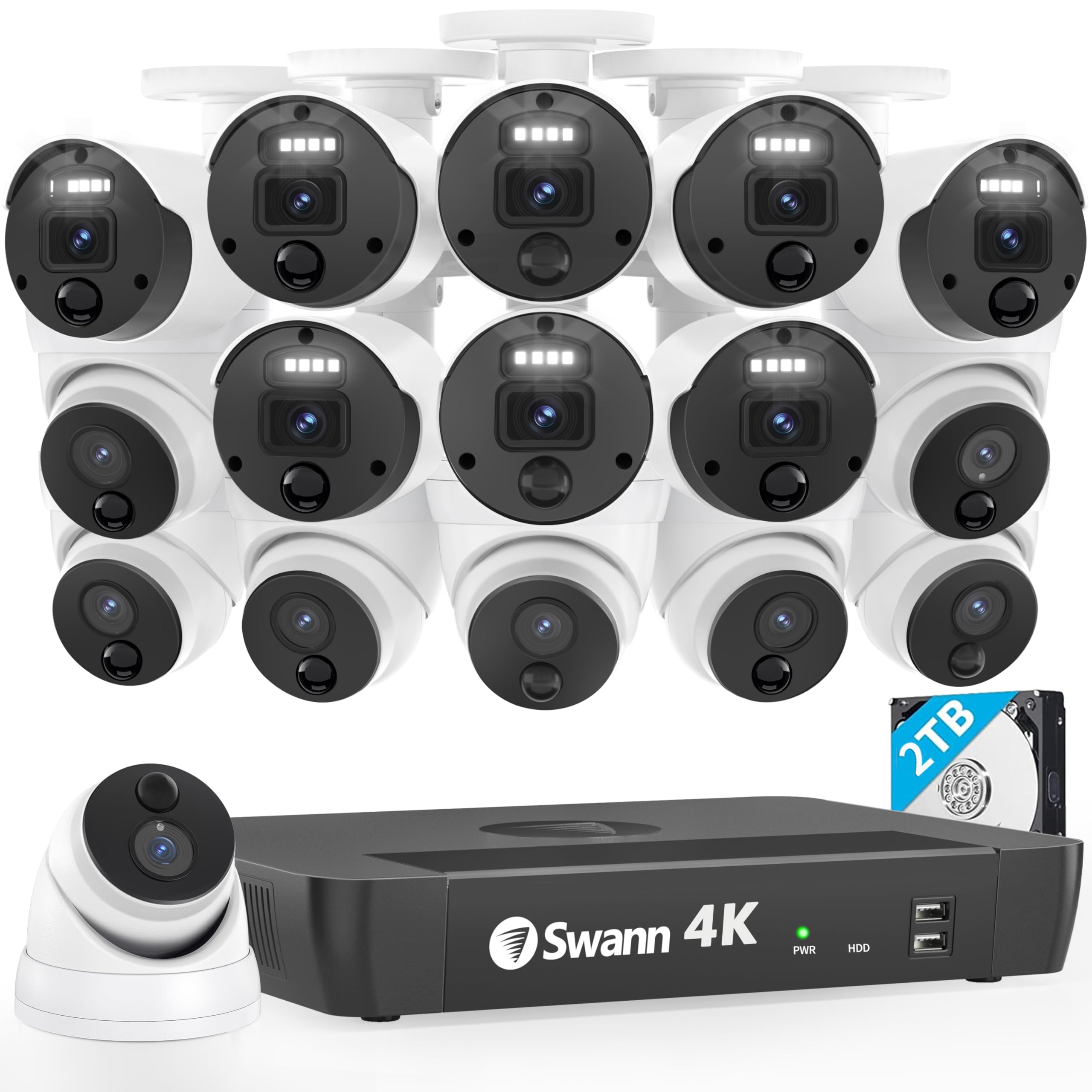Swann 4K Ultra HD 8-Channel Security Camera System with 8 Bullet & 8 Dome IP Cameras, 16-Channel NVR with 2TB HDD, PoE Wired Indoor/Outdoor Surveillance, Color Night Vision, True Detect Heat & Motion Sensing, Built-in Spotlights - Ideal for 24/7 Home & Business Security Monitoring (Model 1676808B8D)