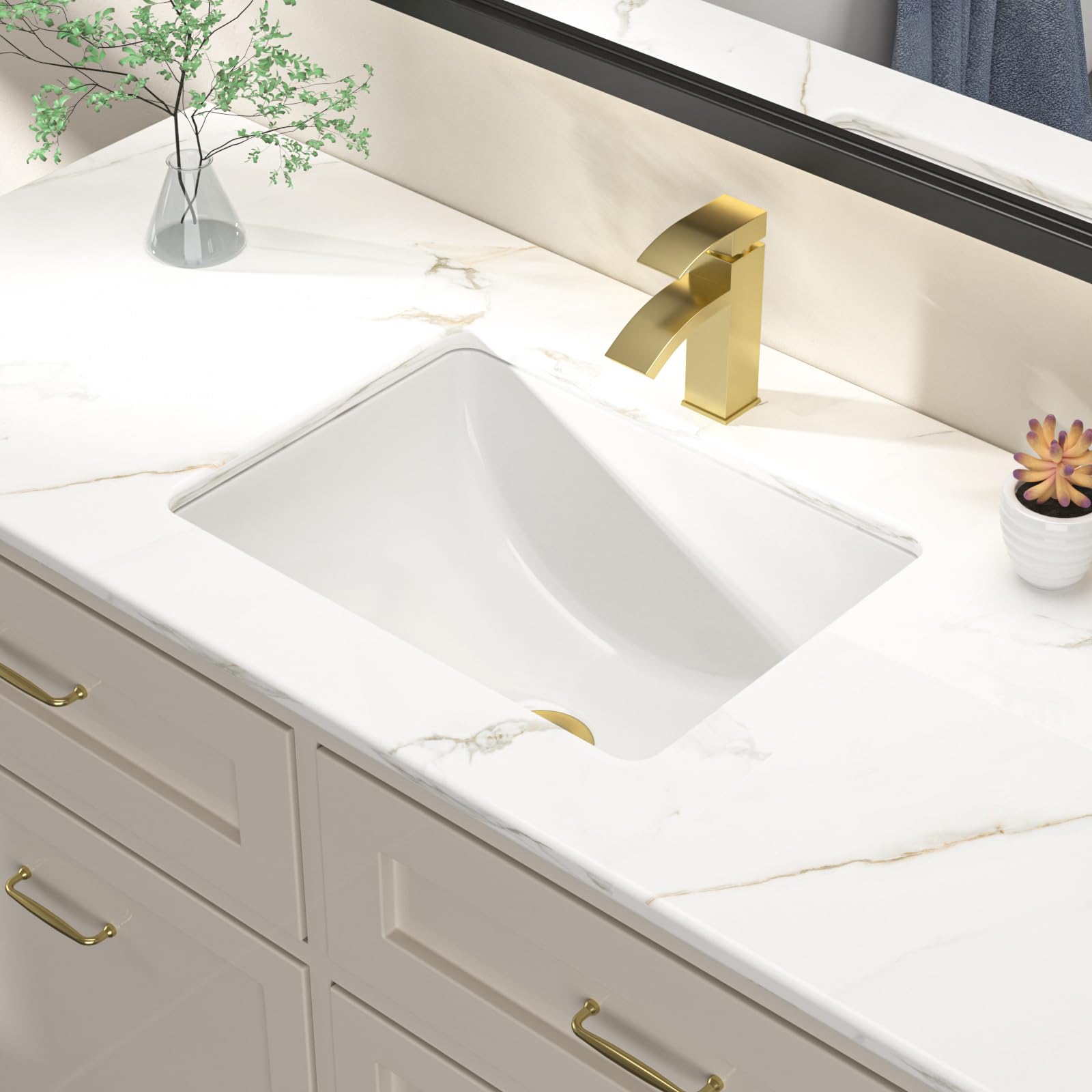 Dcolora 16x12 Inch White Porcelain Undermount Bathroom Sink - Rectangular Ceramic Vessel Sink with Overflow for Vanity Countertop - Perfect for Modern Bathroom Renovation and Small Space Design