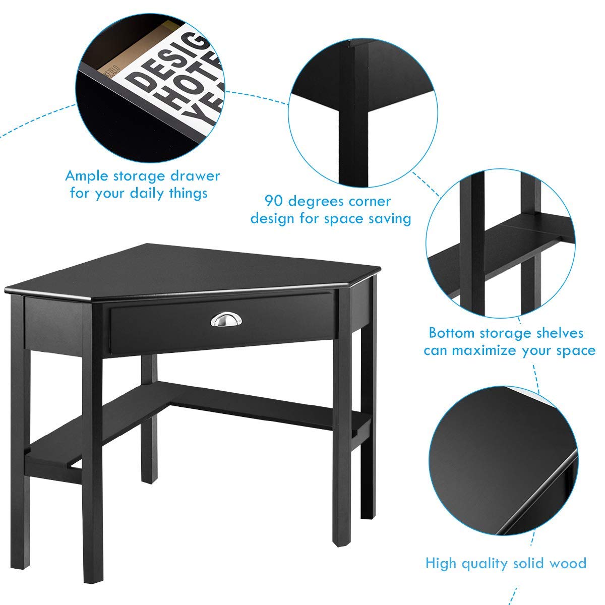 Tangkula Corner Desk with Drawer & Storage Shelves - 90° Triangle Computer Desk for Small Spaces, Home Office & Makeup Vanity | Compact Workspace Solution for Apartments, Dorms & Bedrooms