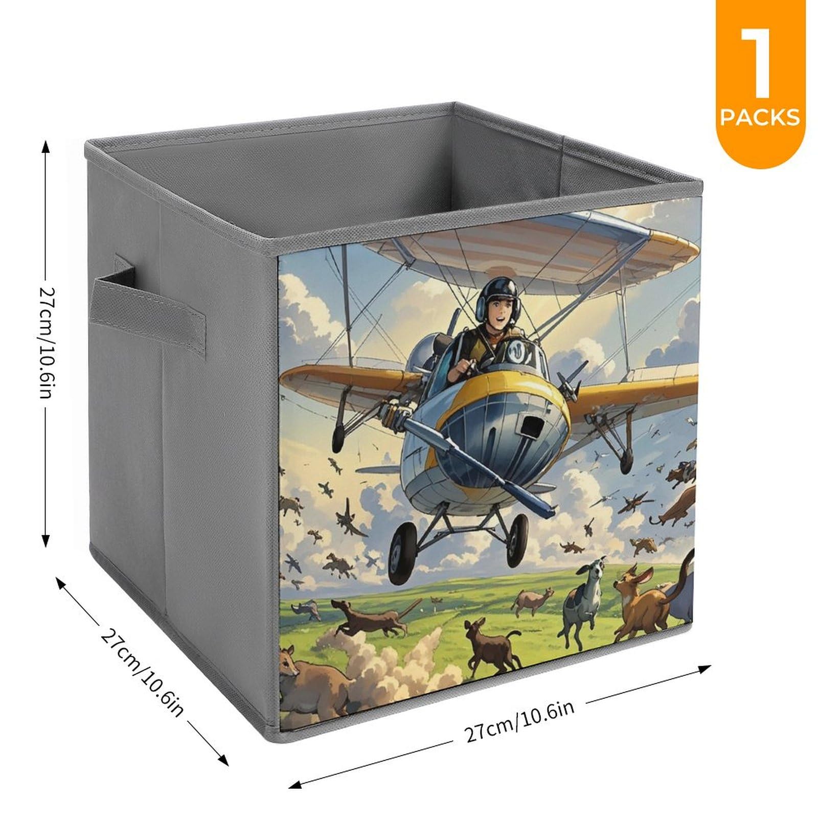 1PCS Foldable Storage Bins with Handles - Large Capacity Printed Storage Boxes (Planes Fly Animals Run Design) for Playroom, Office & Home Organization - Perfect for Kids' Toys, Books & Clutter Control