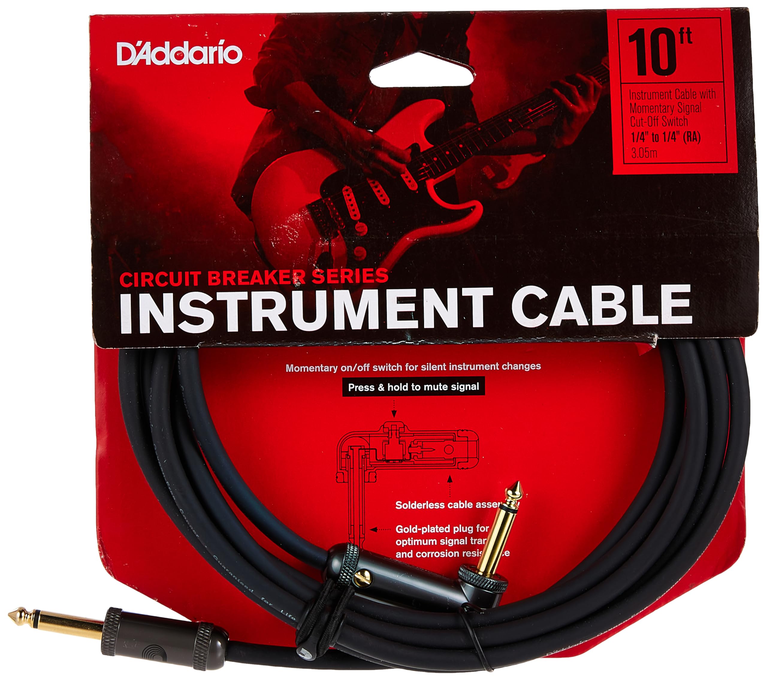 D'Addario Custom Series Circuit Breaker Guitar Cable - 10ft Right Angle 1/4