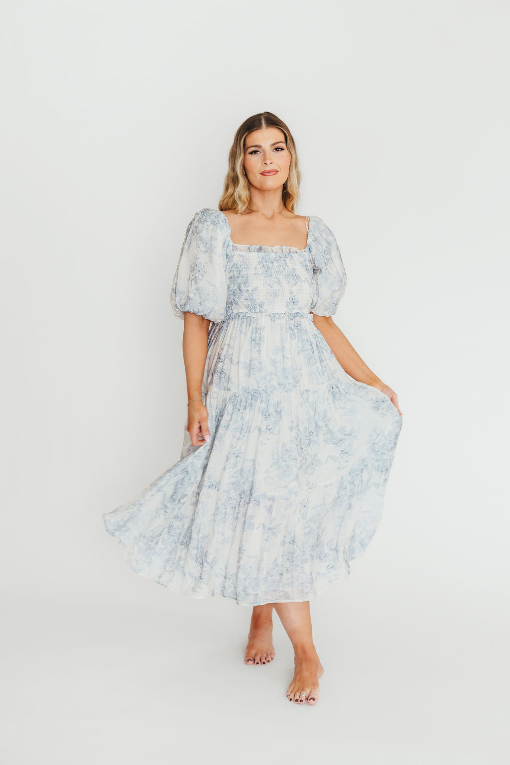 Elena Floral Print Smocked Midi Dress in Blue - Bump Friendly Maternity Dress & Inclusive Sizing for Women - Perfect for Baby Showers, Bridal Events & Summer Weddings