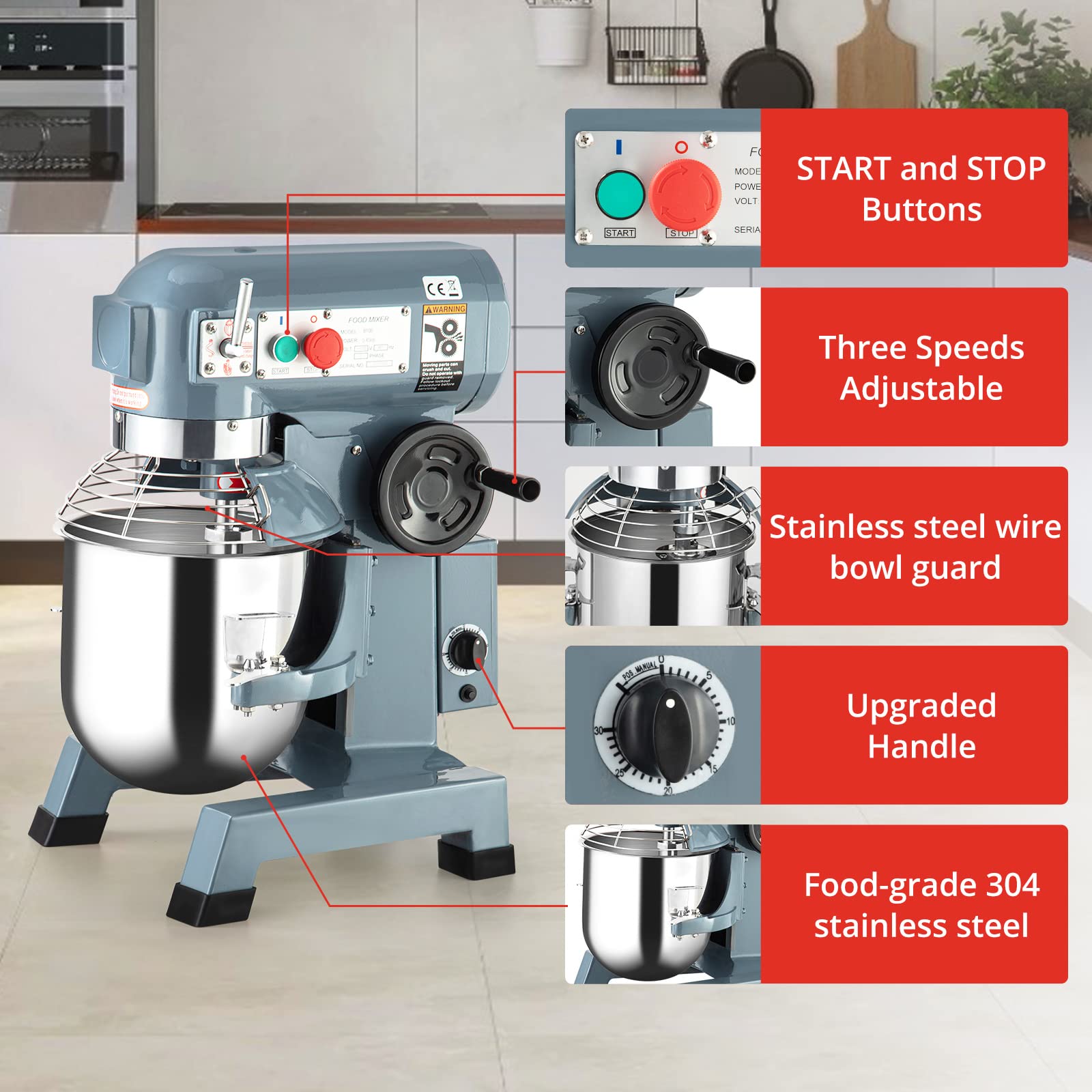 Commercial Food Mixer 10Qt 450W - 3-Speed Heavy Duty Stand Mixer with Stainless Steel Bowl, Dough Hook & Whisk - Professional Kitchen Equipment for Bakeries, Restaurants, Pizzerias - Ideal for Kneading Dough, Mixing Batters & Whipping Creams