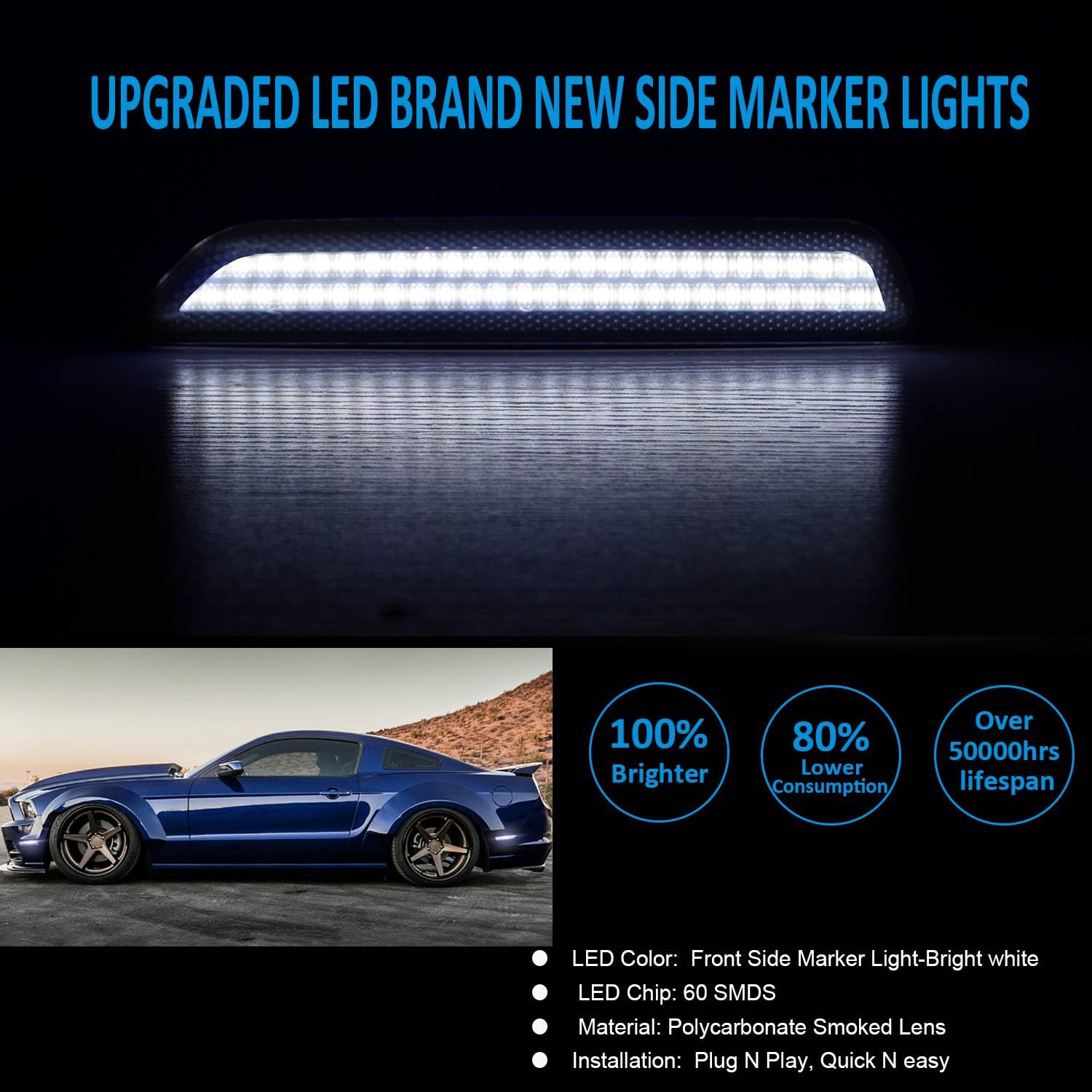 Bestview LED Side Marker Lights for 2010-2014 Ford Mustang - Smoked Lens Front Reflectors, Dual Rows White Light - Driver & Passenger Side Bumper Lights (Pack of 4) - Perfect for Night Driving & Car Customization