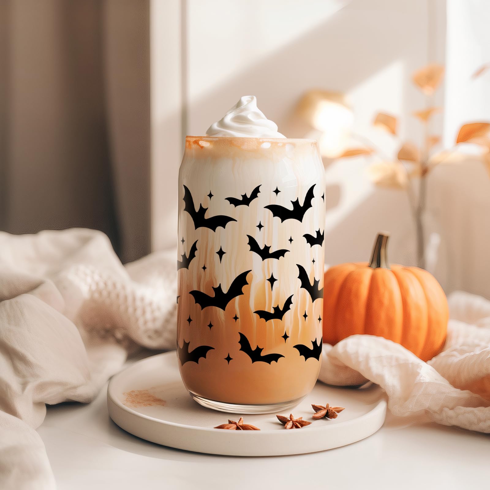 Halloween Bat Tumbler - 16 oz Gothic Glass Cup for Iced Coffee, Spooky Gift for Bat Lovers & Goth Girls - Perfect for Halloween Parties, Boo Baskets, and Gothic Home Decor