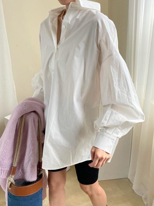 Lovevop Women's Casual Lapel Solid Pleated Balloon Sleeve Lace-Up White Blouse - Elegant Office Wear & Spring Outfit Essential