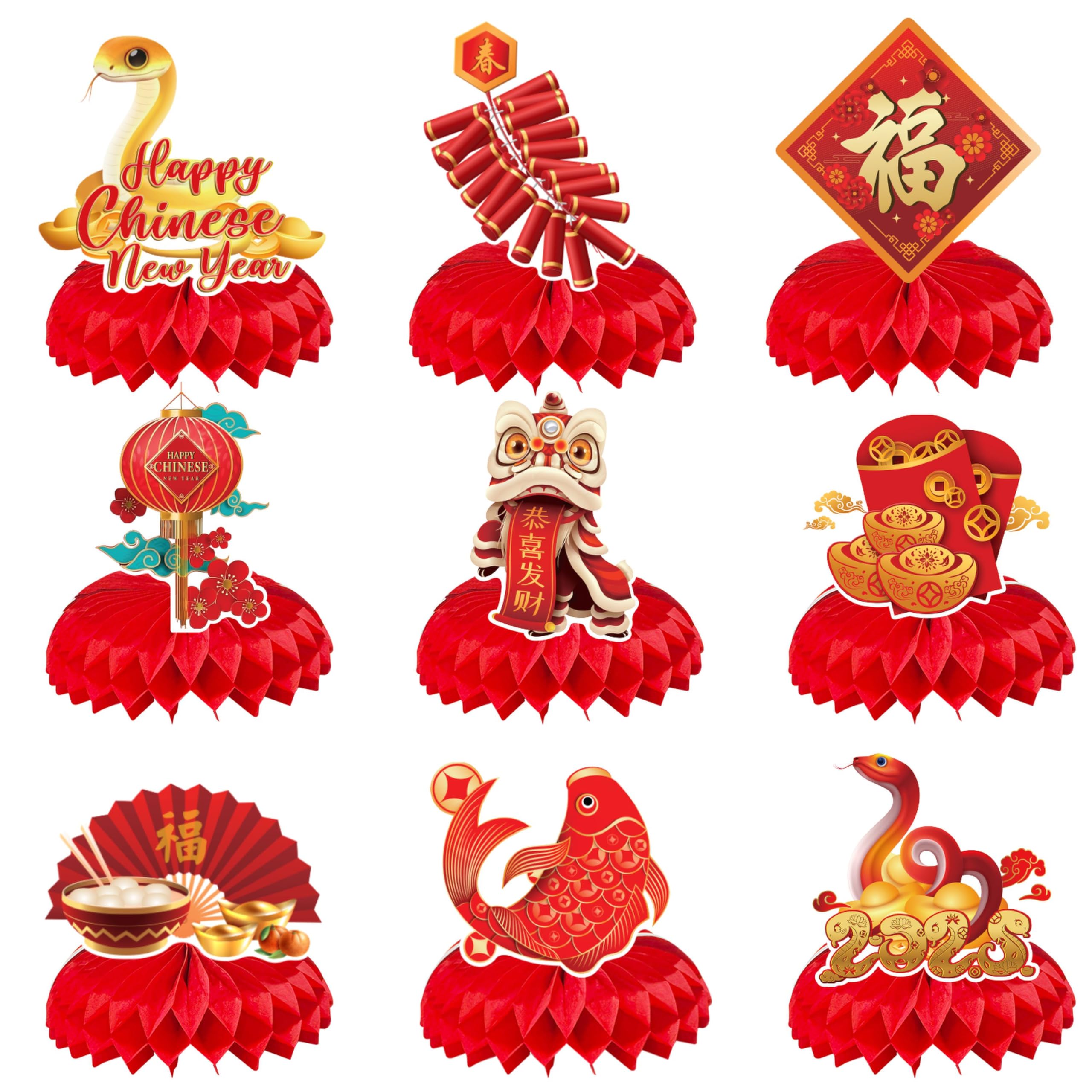 GREHUMOR 9Pcs Chinese Lunar New Year 2025 Honeycomb Paper Lantern Centerpieces - Red Table Decor for Snake Year Celebrations, Spring Festival Party Supplies | Perfect for Home, Office & Restaurant Decorations