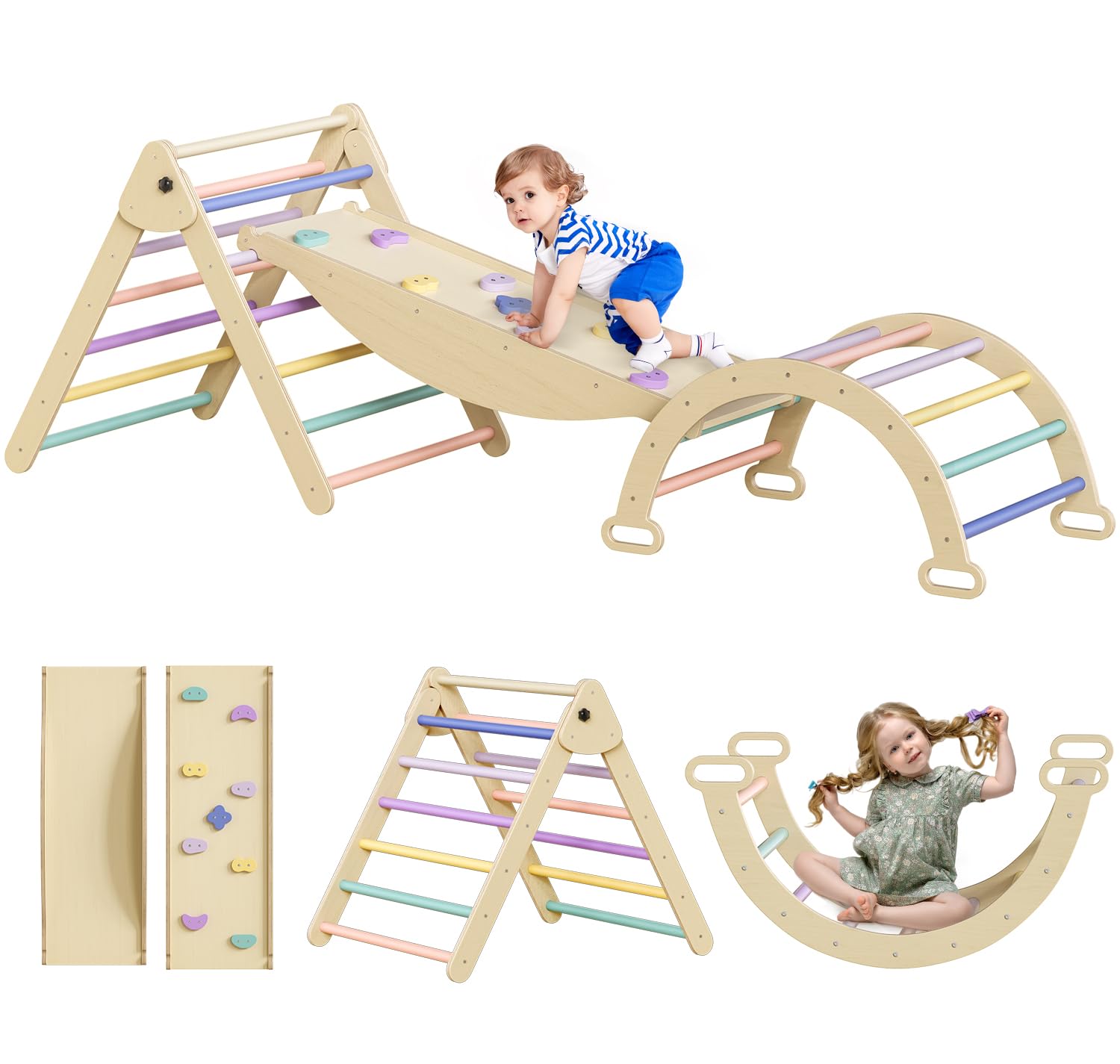ROOMTEC 5-in-1 Montessori Pikler Triangle Set - Baby Climbing Toys for Toddlers with Arch, Ramp & Triangle - Indoor & Outdoor Play Gym for Kids - Perfect for Home Playroom, Daycare & Backyard Activities