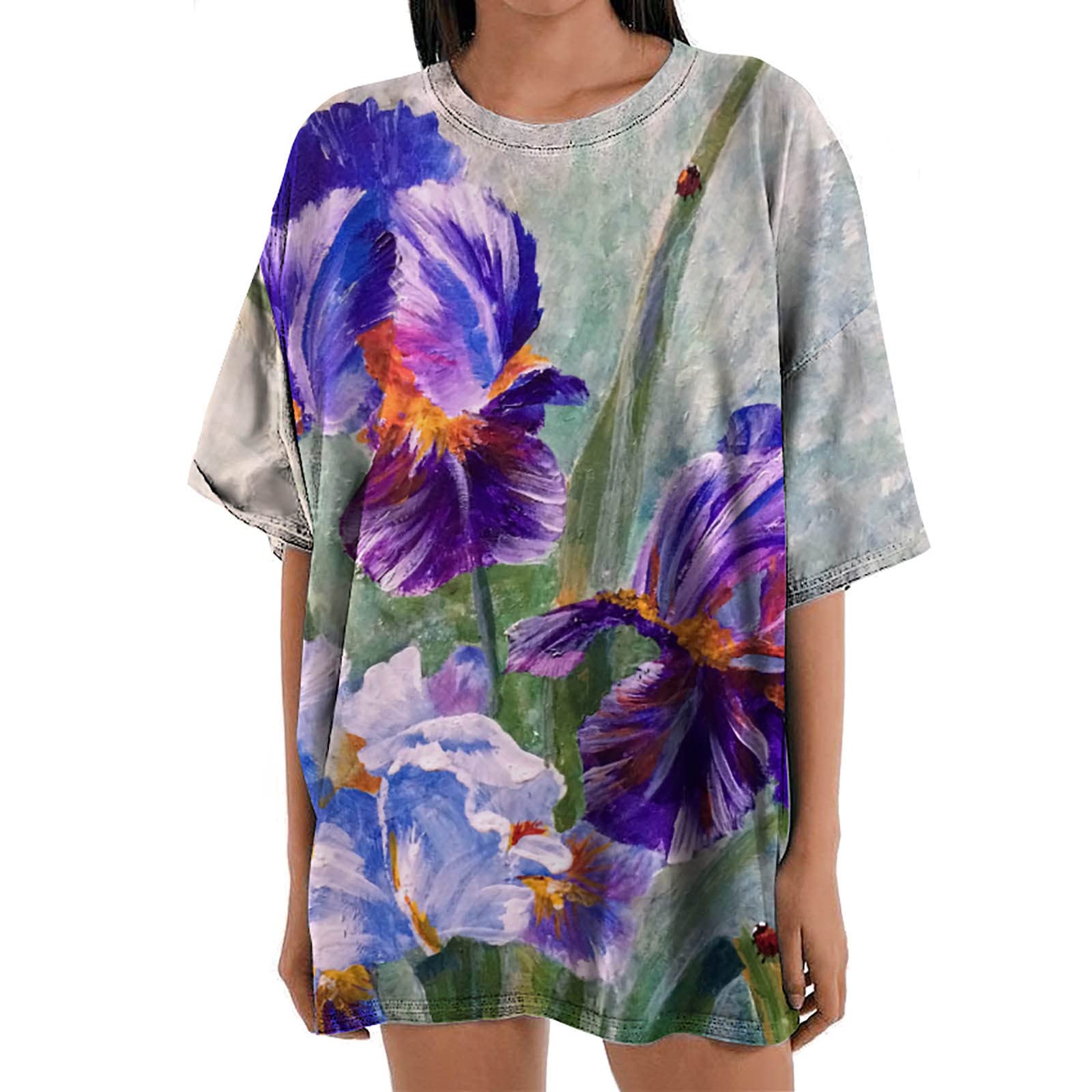 Women's Plus Size Vintage Floral Printed T-Shirt - Casual Summer Drop Shoulder Tunic Top with Oil Painting Design | Perfect for Beach Outings, Date Nights & Boho Fashion