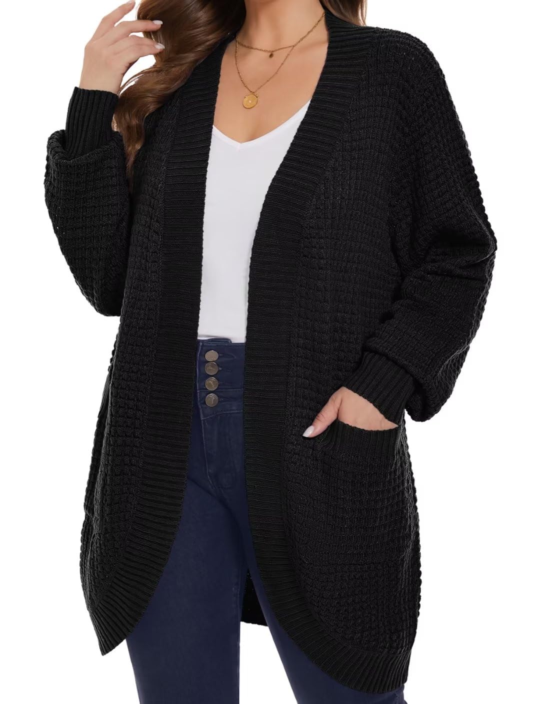 MONNURO Women's Plus Size Open Front Cardigan - Soft Waffle Knit Long Sleeve Sweater with Pockets | Cozy Fall & Winter Outerwear for Casual Wear, Office, and Travel