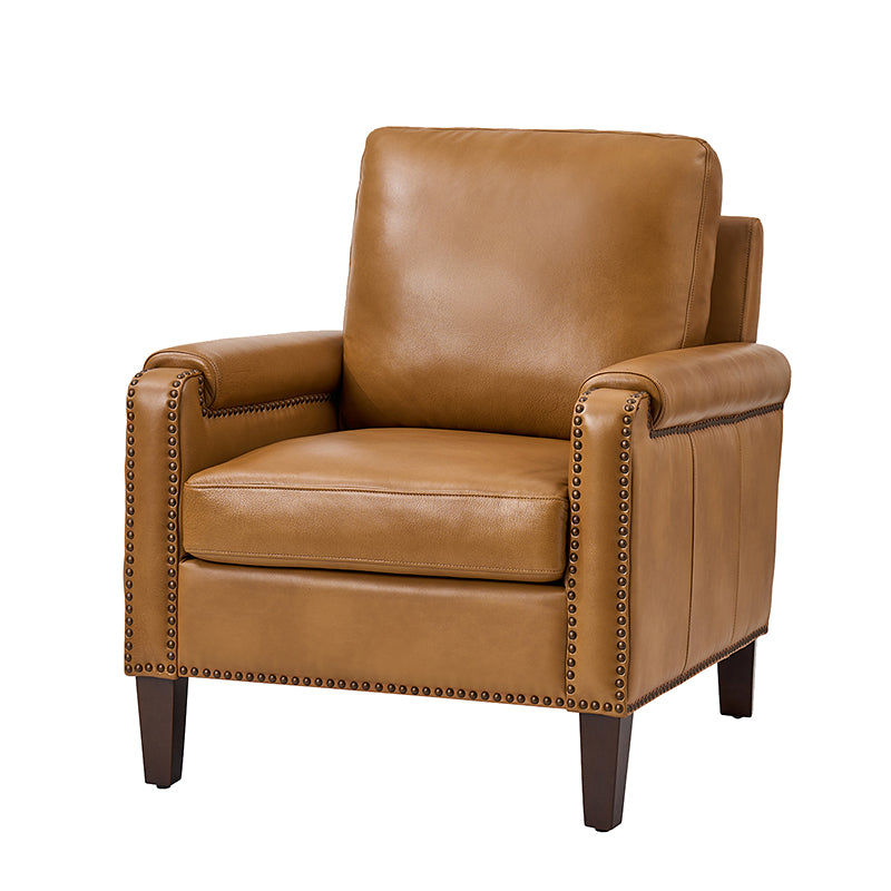 Nathaniel Transitional Style Genuine Leather Armchair - Premium Brown Leather Lounge Chair for Living Room, Office & Study - Comfortable Reading Chair with Padded Seat & Wooden Legs