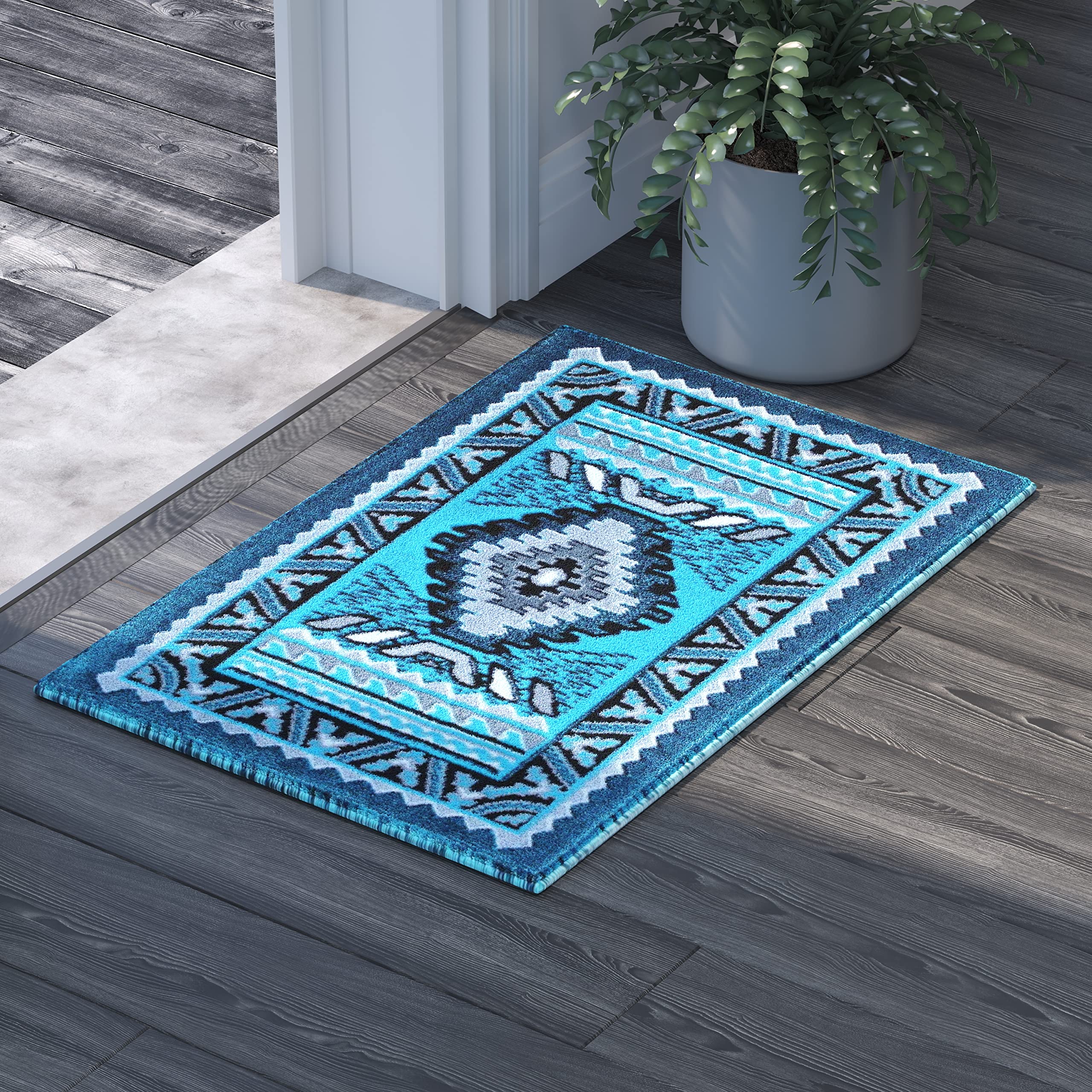 EMMA + OLIVER Olefin Accent Rug 2'x3' - Southwestern Geometric Pattern in Turquoise with Detailed Borders - Soft, Non-Shedding & Durable - Jute Backing - Perfect for Living Room, Bedroom or Entryway Decor