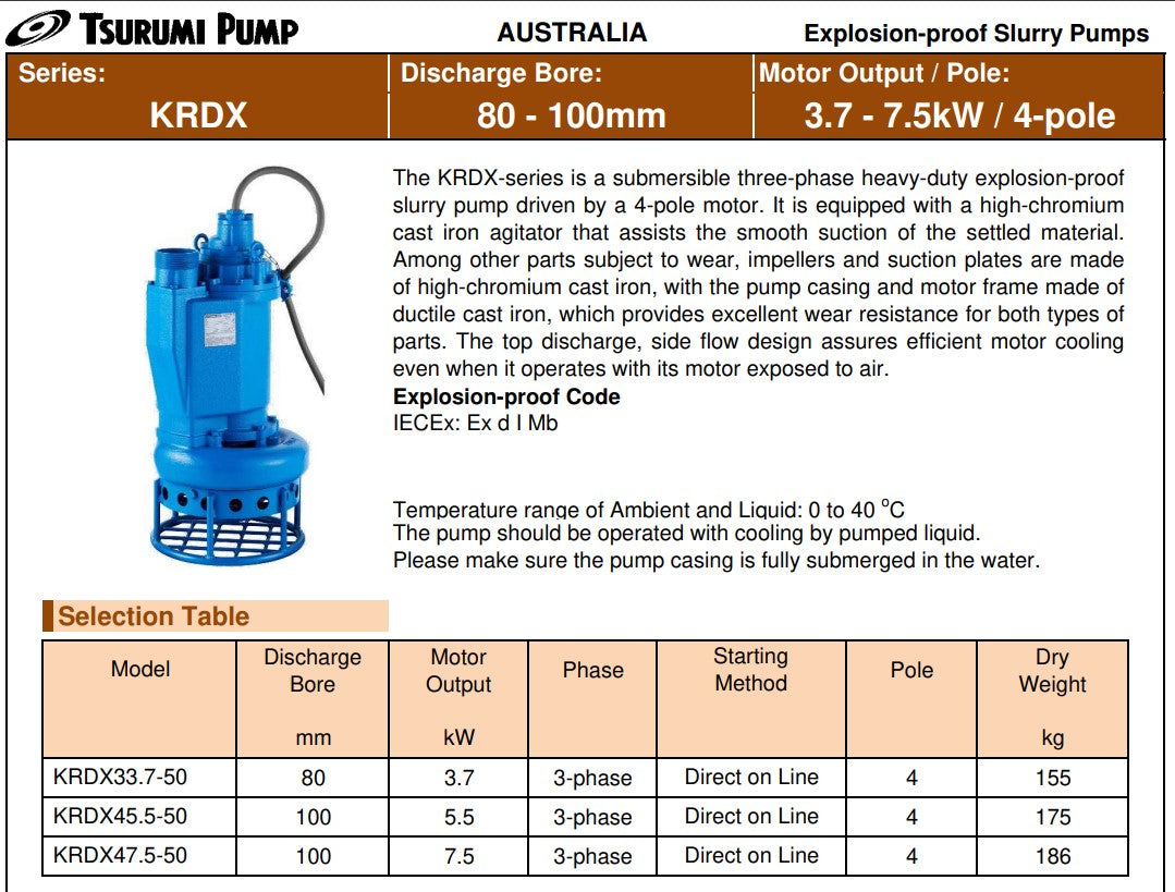 Tsurumi KRDX Series Submersible Heavy Duty Explosion Proof Wastewater Pump with High Chromium Cast Agitator - 3 Phase Industrial Water Pump for Sewage Treatment, Construction Sites, and Flood Control