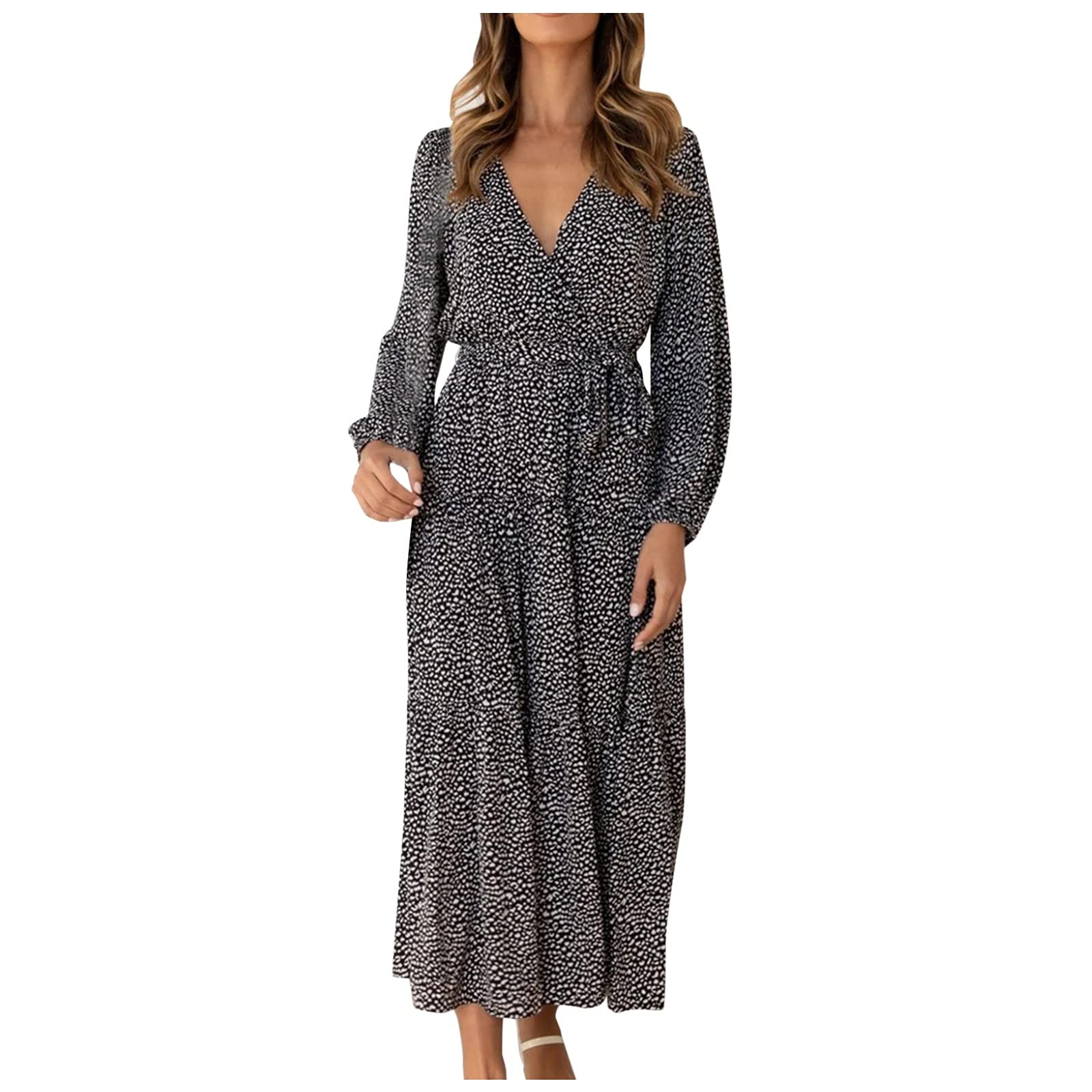 Women's Vintage Wrap Dress Long Sleeve Tiered V-Neck Flowy Midi Maxi Dress for Autumn - Perfect for Fall Weddings, Date Nights & Office Wear