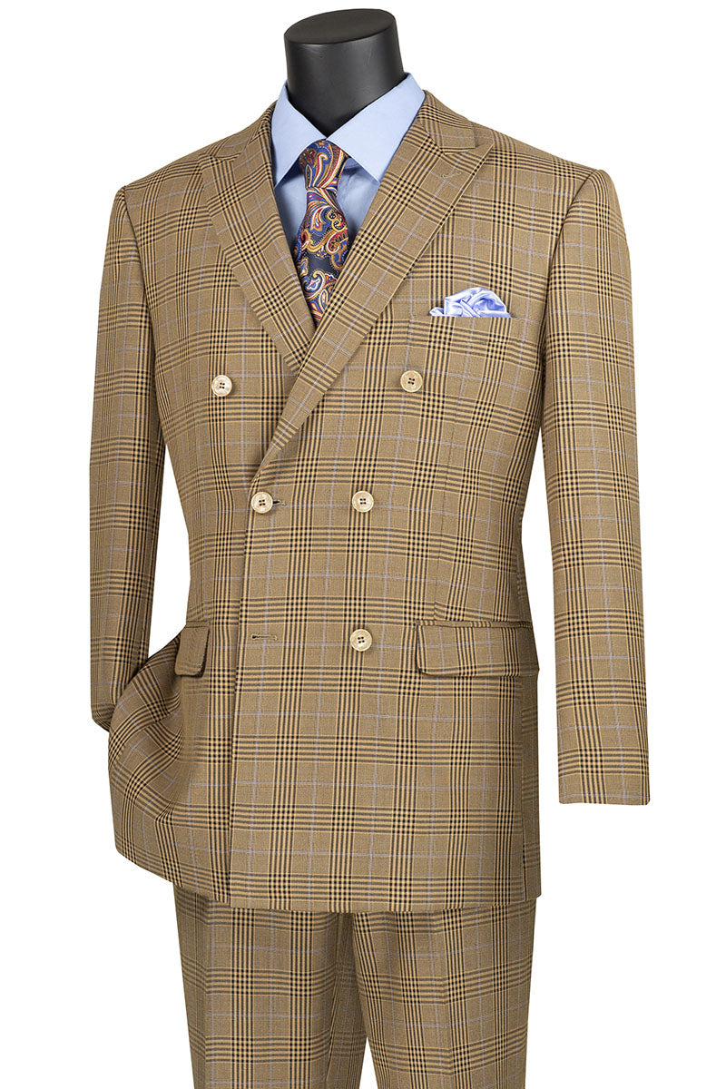 2 Piece Double Breasted Windowpane Suit for Men - Mocha Brown Business Formal Attire - Perfect for Weddings, Office Meetings & Special Occasions | DRW 2