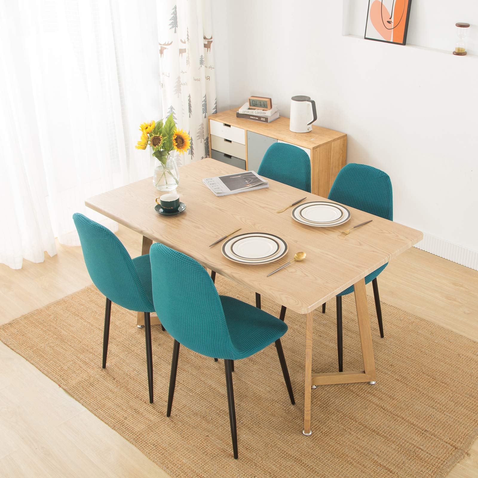 Stretch Shell Chair Covers - Mid Century Modern Jacquard Slipcovers for Armless Chairs, Washable Dining & Living Room Furniture Protector (Set of 4, Teal) | Perfect for Home Decor, Office, Bedroom & Lounge Areas