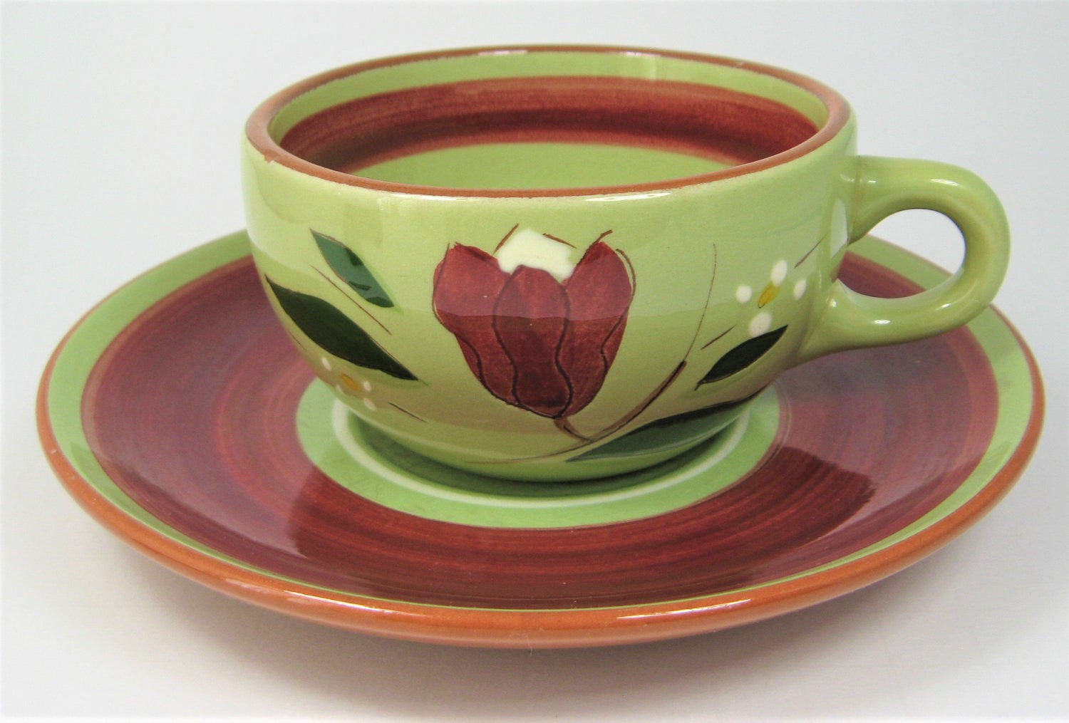 Vintage 1950s Stangl USA Coffee Cup and Saucer Set - Magnolia Brown, Avocado Green & Red Floral Design | Perfect for Tea Parties, Collectibles, and Retro Home Decor