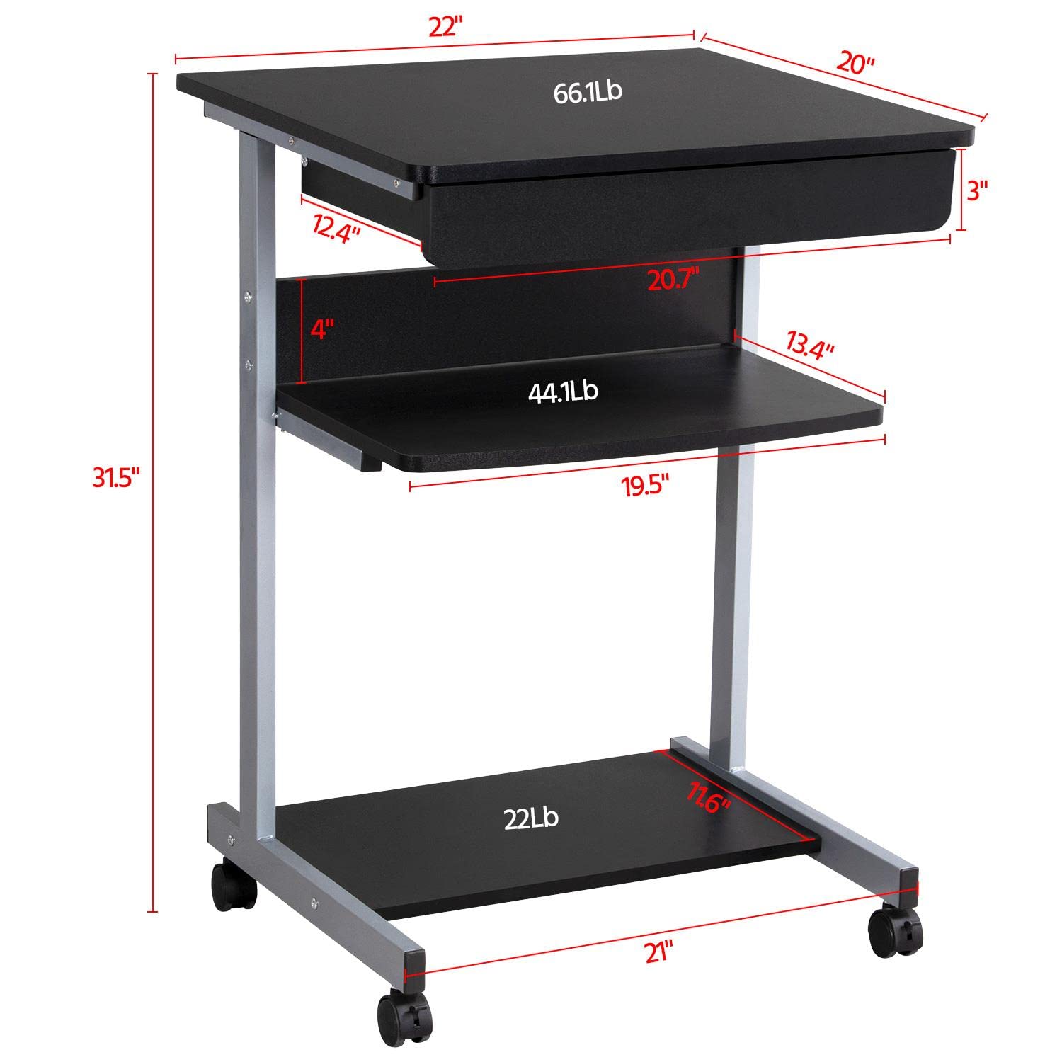 Topeakmart Mobile Computer Desk with Wheels - Adjustable Laptop Office Desk with Drawers & Printer Shelf, Study Writing Table for Home Office, Small Space & Dorm Room Use
