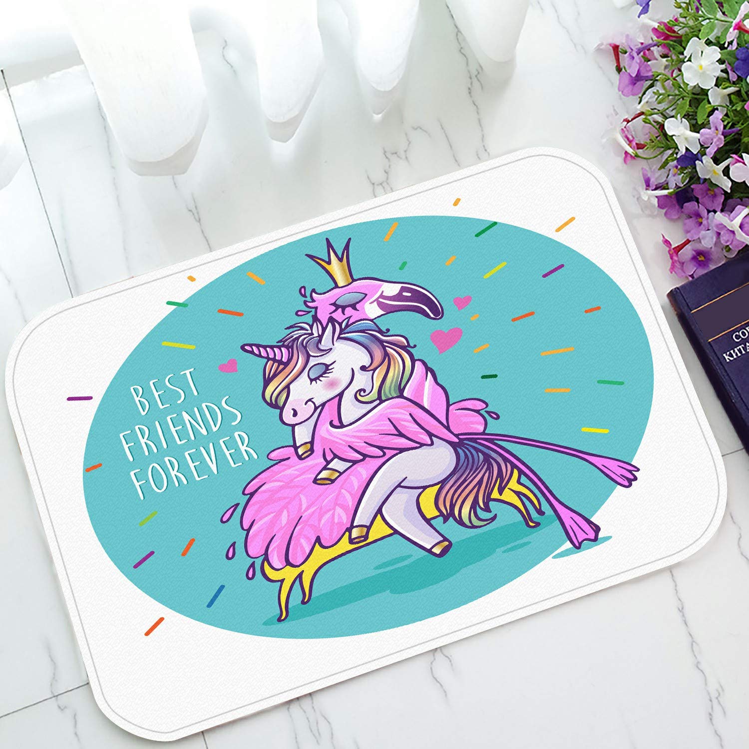 ECZJNT Unicorn Flamingo Welcome Doormat - Non-Slip Bath Rug & Entrance Floor Mat 23.6x15.7 Inch - Perfect for Front Door, Bathroom, Laundry Room & Home Decor