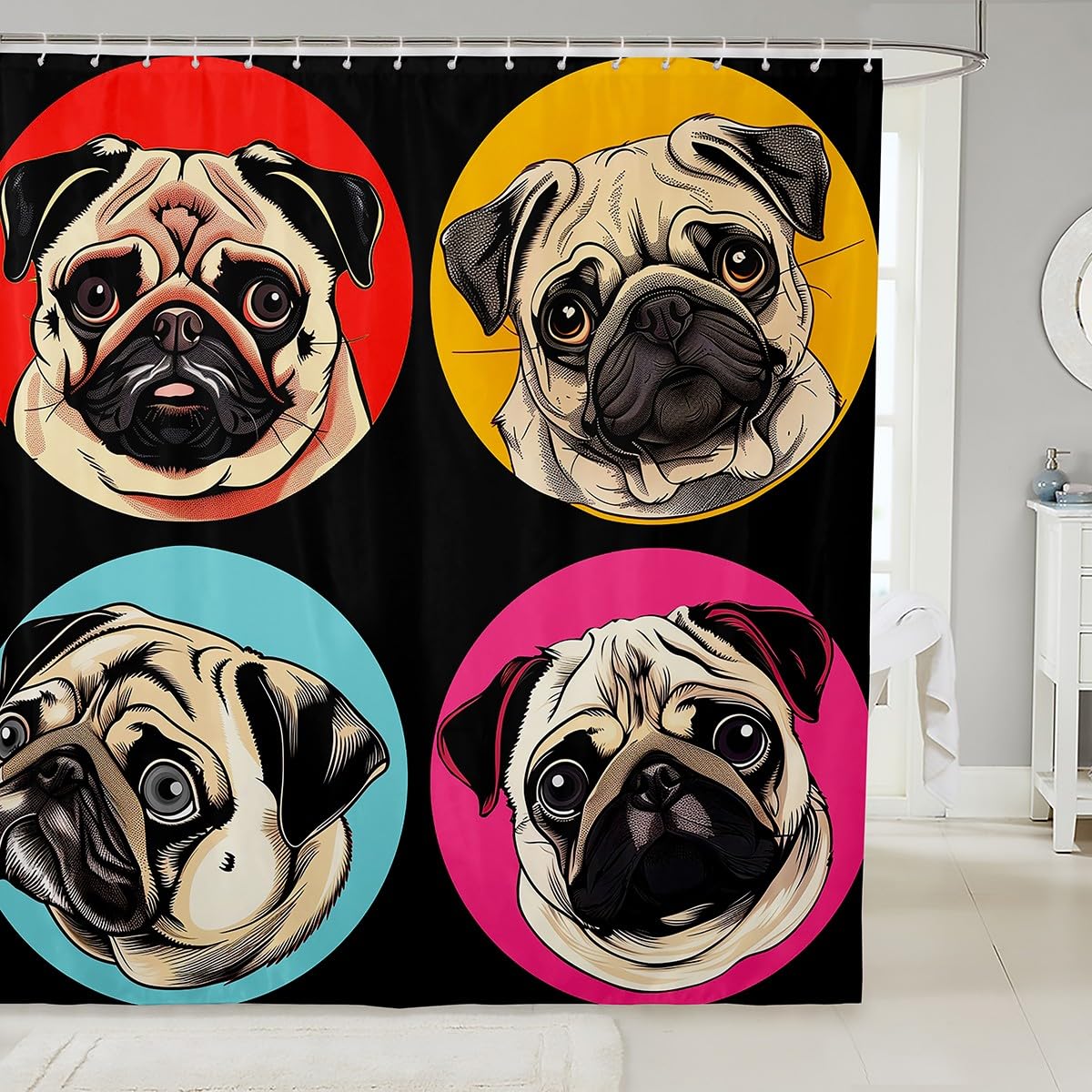 Funny Pug Dog Shower Curtain - Waterproof Bathroom Decor for Kids & Adults with 12 Hooks, 72x72 Inches - Perfect for Pet Lovers' Bathrooms, Kids' Bathrooms, and Animal-Themed Home Decor