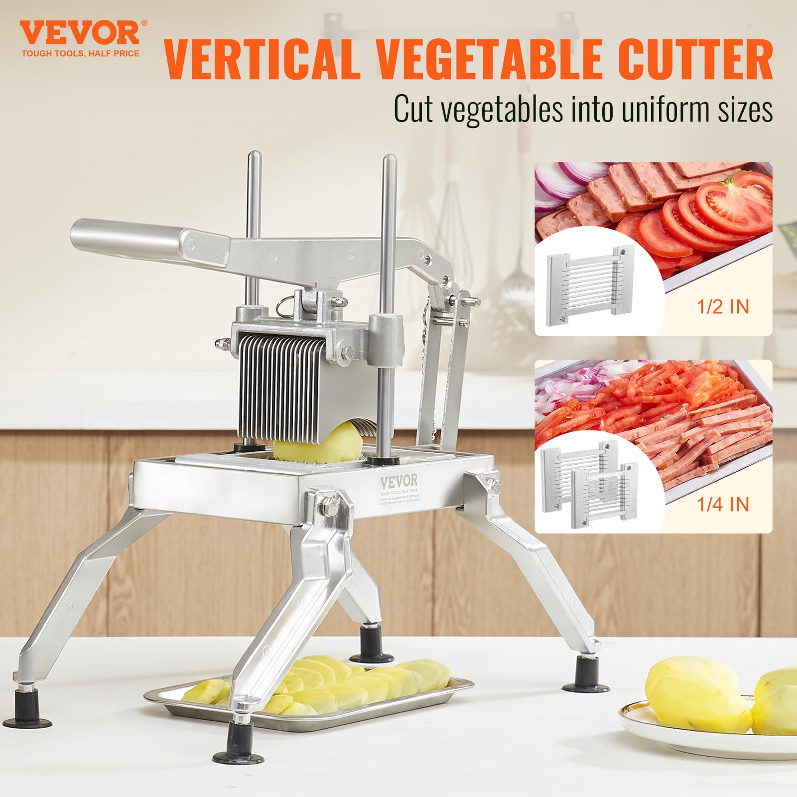 VEVOR Commercial Vegetable Slicer - 1/4 & 1/2 Inch Tomato Slicer with Stainless Steel Blade & Aluminum Alloy Body - Manual Food Cutter for Tomatoes, Onions, Potatoes - Perfect for Restaurants, Delis & Home Kitchen Prep