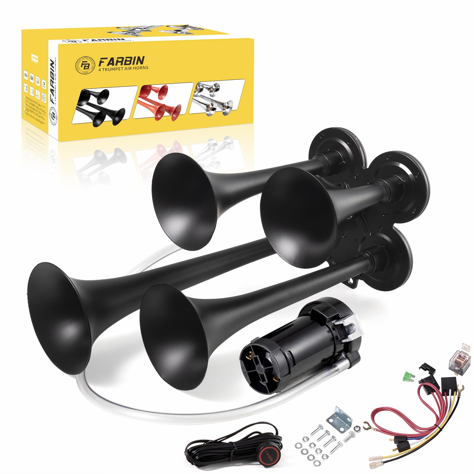 FARBIN 150DB Super Loud Train Air Horn Kit - 12V 4 Trumpet Car Horn with Compressor for Trucks, Pickups, SUVs, Jeeps, Boats (Matte Black) - Perfect for Off-Roading, Emergency Alerts & Vehicle Customization