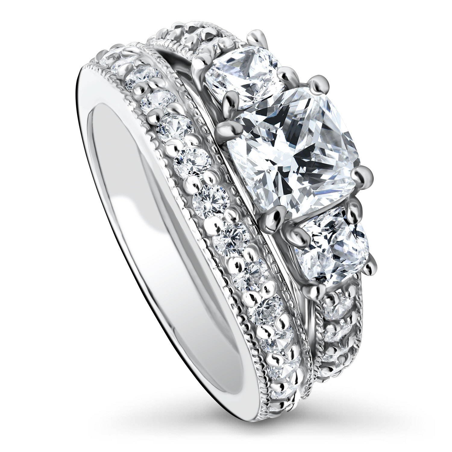 BERRICLE Sterling Silver 3-Stone Wedding Engagement Ring Set for Women - 1.5 Carat Cushion Cut Cubic Zirconia CZ, Rhodium Plated, Size 4-10 - Perfect for Proposals, Anniversaries & Special Occasions