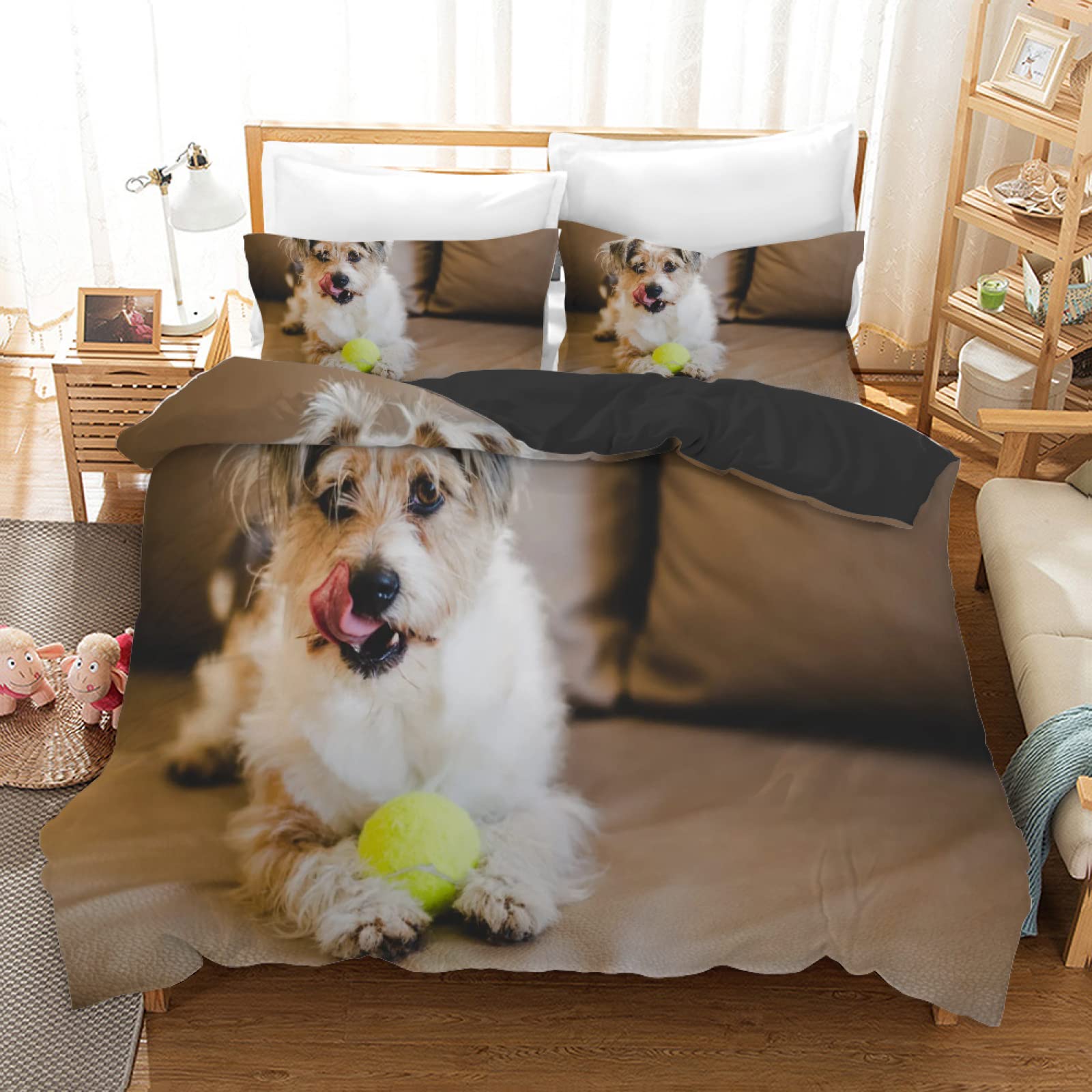 Grey Animal Dog Comforter Set - Microfiber Duvet Cover & Pillow Shams for Kids Bedroom Decor