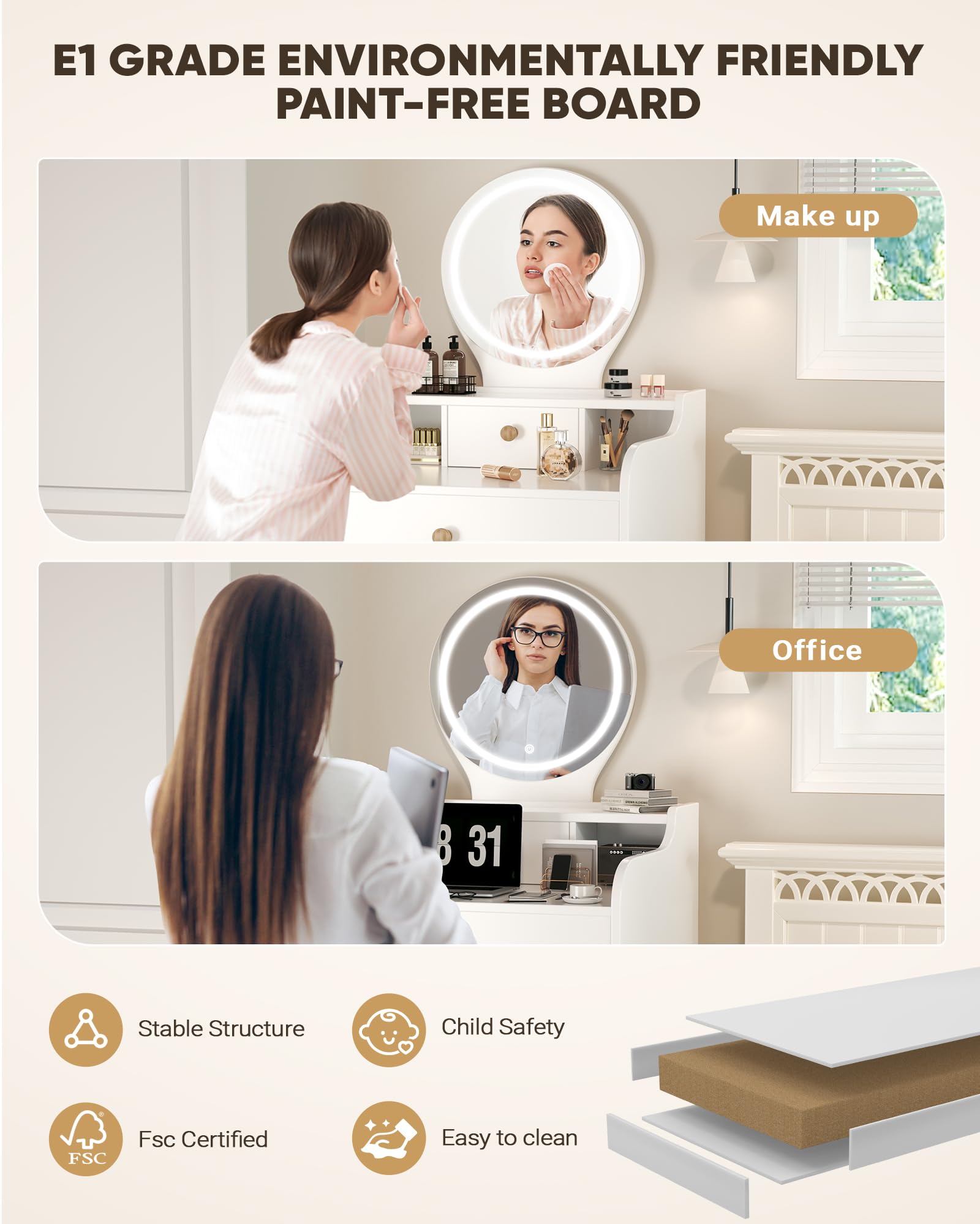 Elegant White Vanity Desk Set with Round Mirror & Built-in Light - Compact Dressing Table with Drawer for Makeup & Skincare - Perfect for Bedroom, Bathroom, or Dorm Room Decor