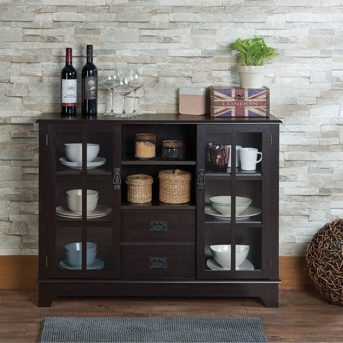 HABITRIO Modern Console Table with Drawers and Shelves - Rectangular Composite Wood Sideboard with Framed Glass Door Storage, Open Compartment - Perfect for Living Room, Entryway, or Hallway (Espresso Finish)