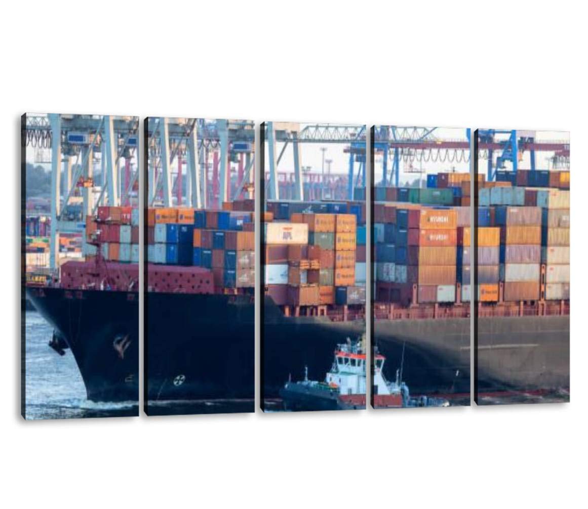 KiiAmy 5-Panel Modern Canvas Wall Art - Stacked Cargo Shipping Containers at Harbor Terminal - Framed Office & Home Decor Painting Ready to Hang (60