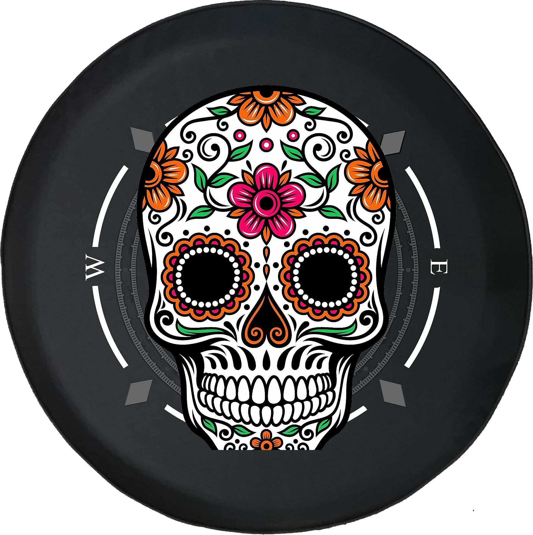 American Unlimited Spare Tire Cover with Compass & Sugar Skull Design - Universal Fit for SUV, Trailer, RV & Most Vehicles - Durable Outdoor Accessory for Camping & Road Trips
