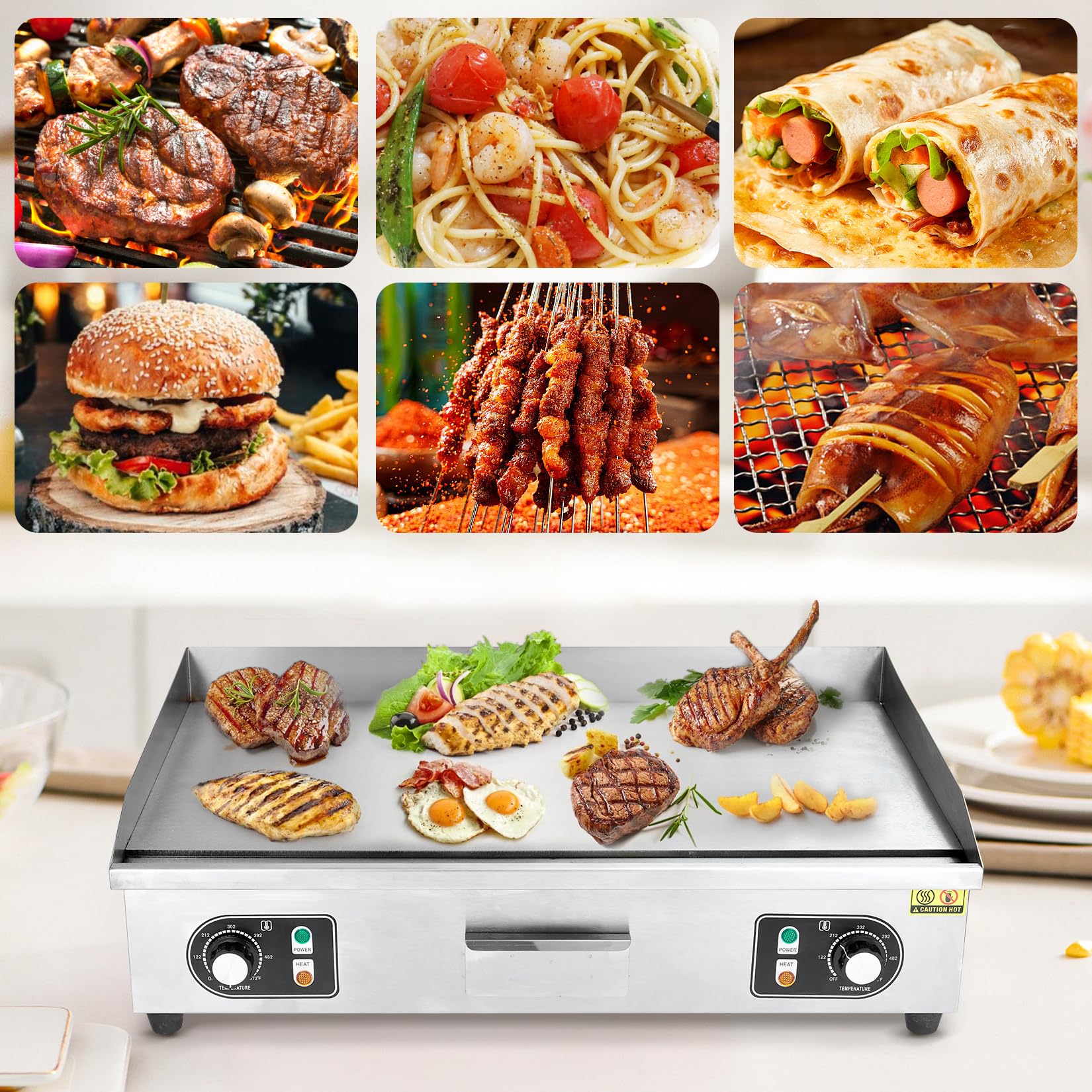 GARVEE 30 Inch Commercial Electric Grill 3000W Stainless Steel Griddle with Adjustable Temperature (122°F-572°F) - Non-Stick Surface for Home Kitchen & Restaurant Use - Perfect for Pancakes, Burgers, Steaks & Large Batch Cooking (No Plug Included)