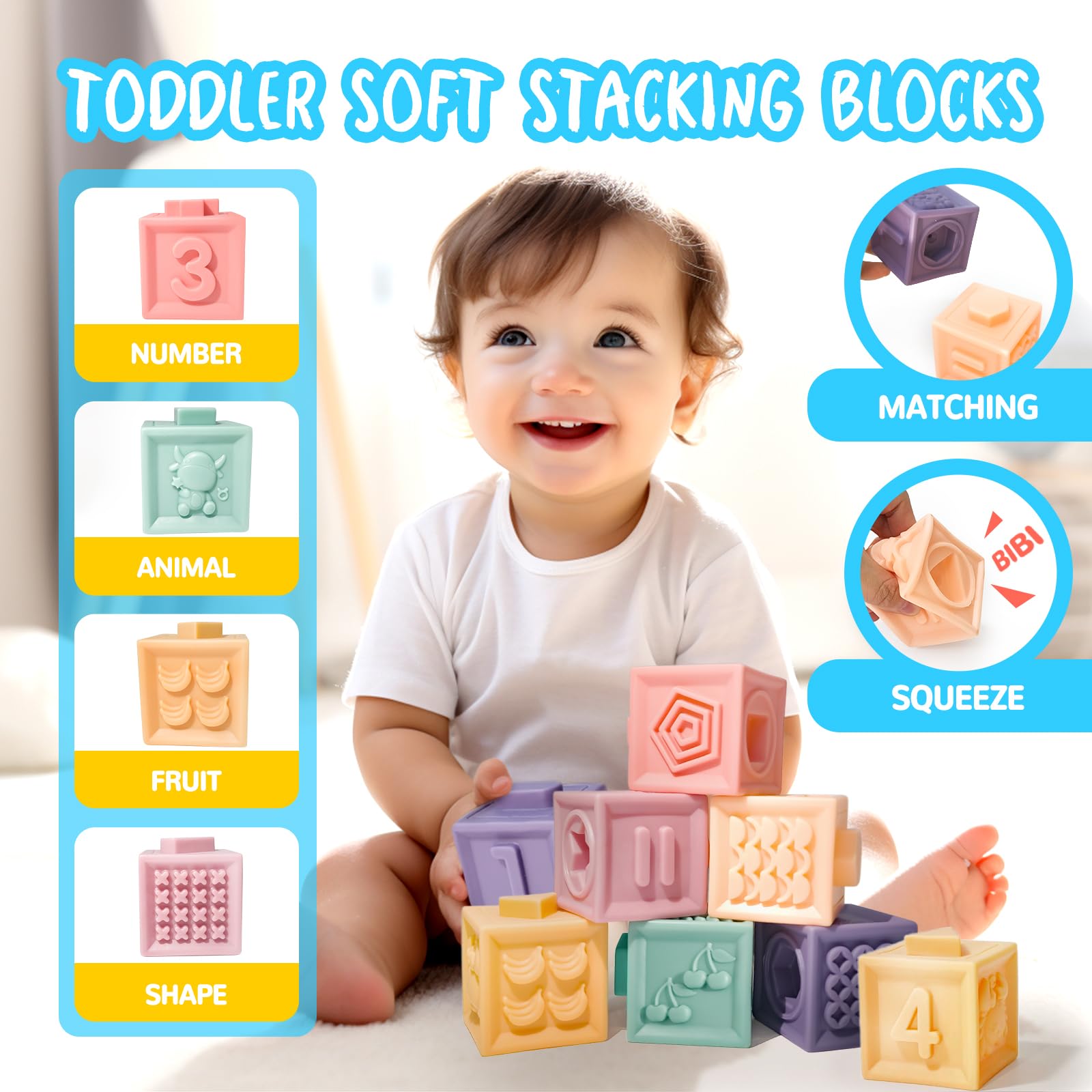 Montessori Toys for Babies 0-12 Months - 6-in-1 Sensory Stacking Blocks for Infant Development - Educational Learning Toys Gift for 1-3 Year Old Boys & Girls - Perfect for Daycare, Toddler Playtime & Early Childhood Education