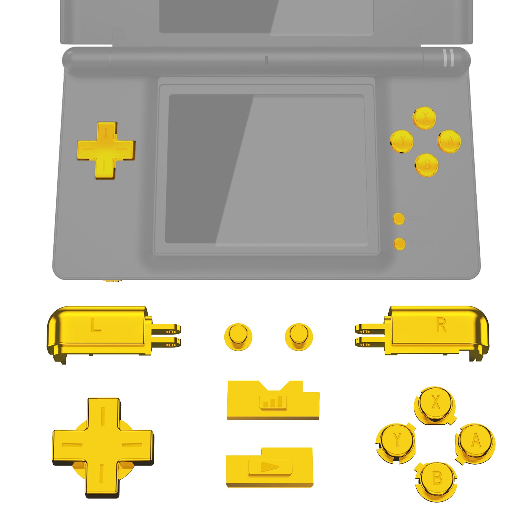eXtremeRate Chrome Gold Replacement Buttons for Nintendo DS Lite - Full Set Custom D-Pad, A B X Y Start Select R L Power Volume Keys - Compatible with DSLJ2001 (Console Not Included) - Perfect for Gaming Enthusiasts & DIY Modders