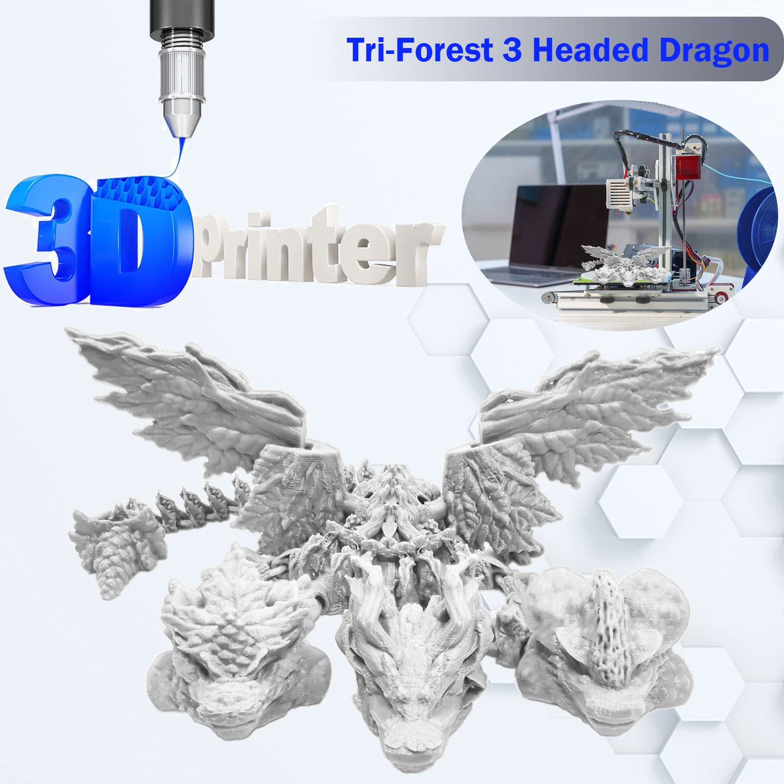 3D Printed Articulated Three-Headed Dragon Toy - Ancient Mythical Beast Monster with Deformable Joints, Anti-Anxiety Action Figure for Collectors (Pure White, 15.7 Inch) - Perfect for Home Decor, Stress Relief, and Fantasy Collectibles
