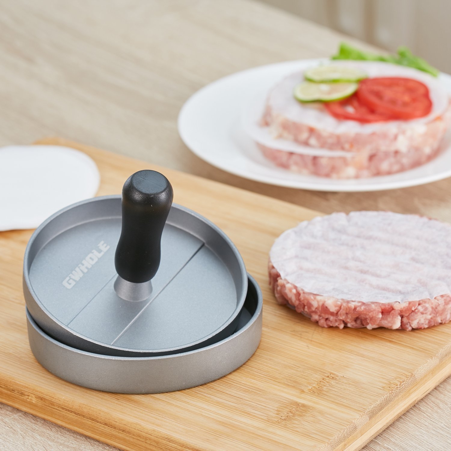 GWHOLE Non-Stick Hamburger Press Maker with 100 Wax Discs - Perfect for BBQ, Grilling, and Homemade Burgers - Ideal for Backyard Parties, Camping, and Outdoor Cooking